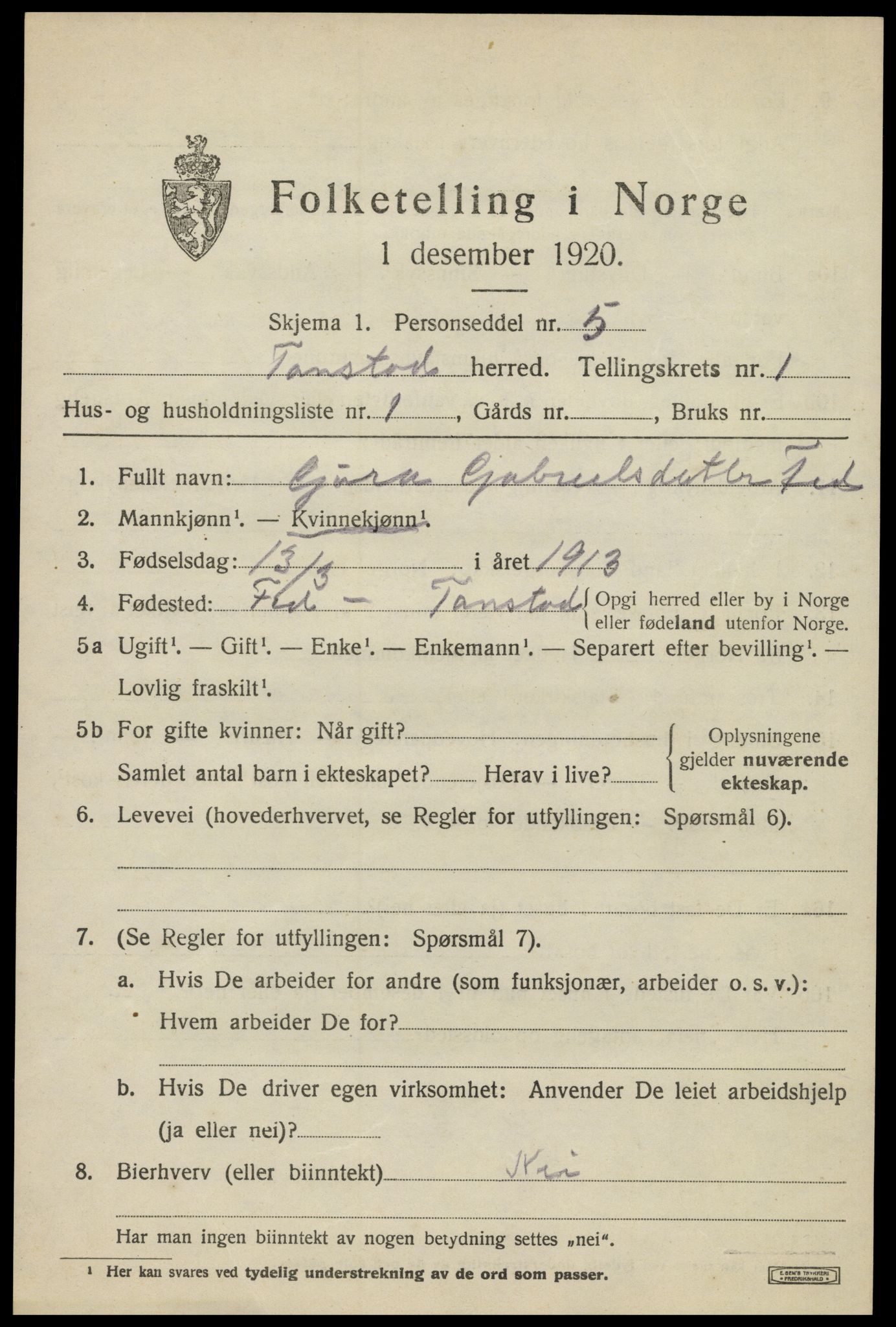 SAK, 1920 census for Tonstad, 1920, p. 336