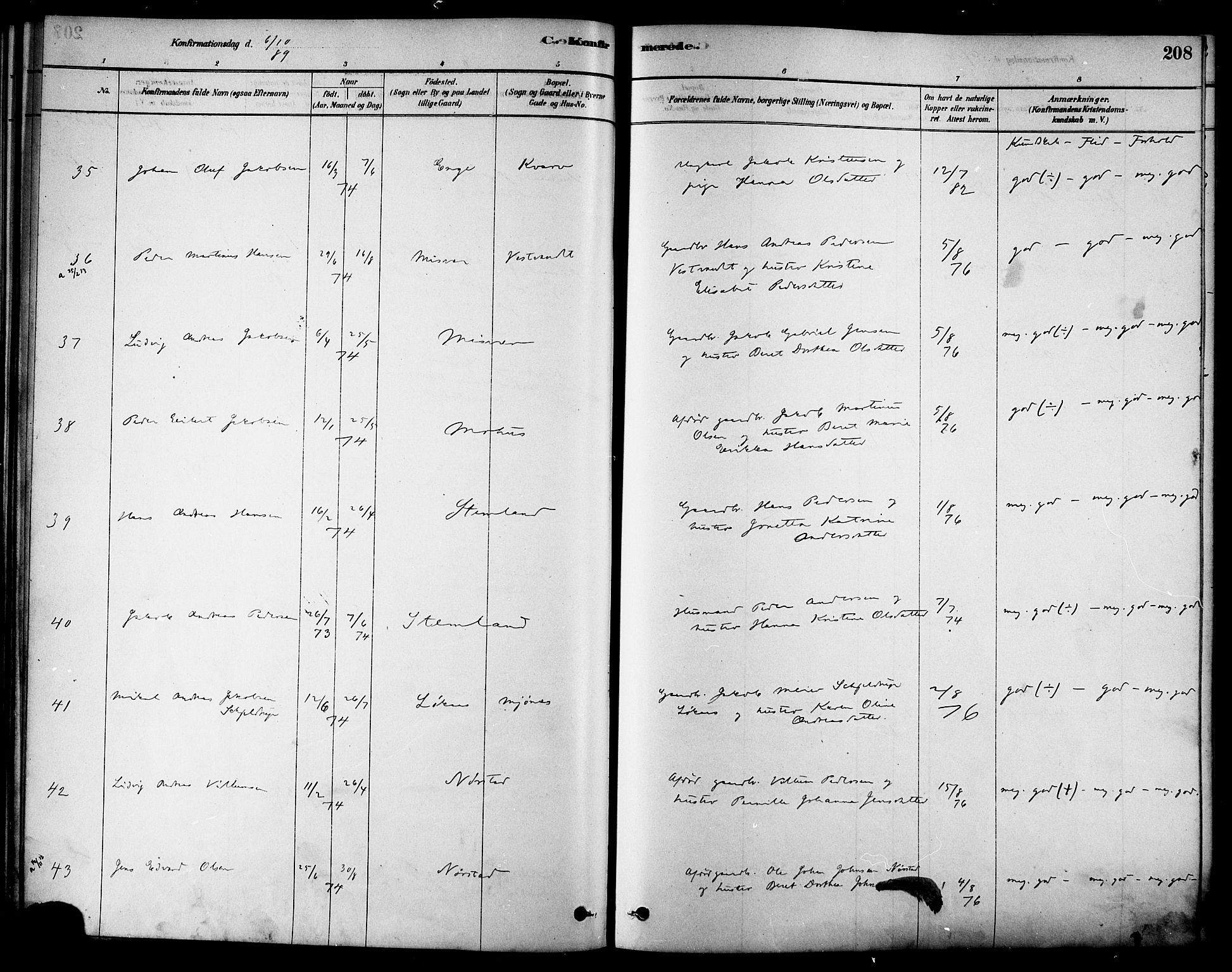 Ministerialprotokoller, klokkerbøker og fødselsregistre - Nordland, AV/SAT-A-1459/852/L0740: Parish register (official) no. 852A10, 1878-1894, p. 208