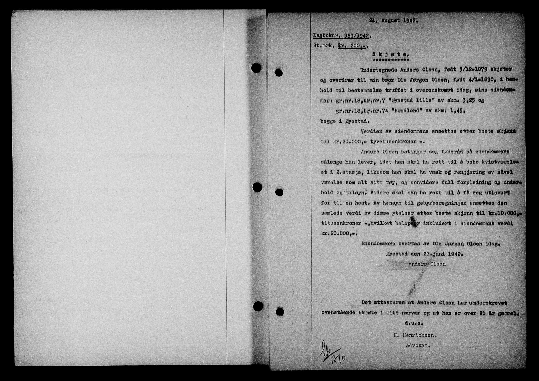 Nedenes sorenskriveri, SAK/1221-0006/G/Gb/Gba/L0049: Mortgage book no. A-III, 1941-1942, Diary no: : 959/1942