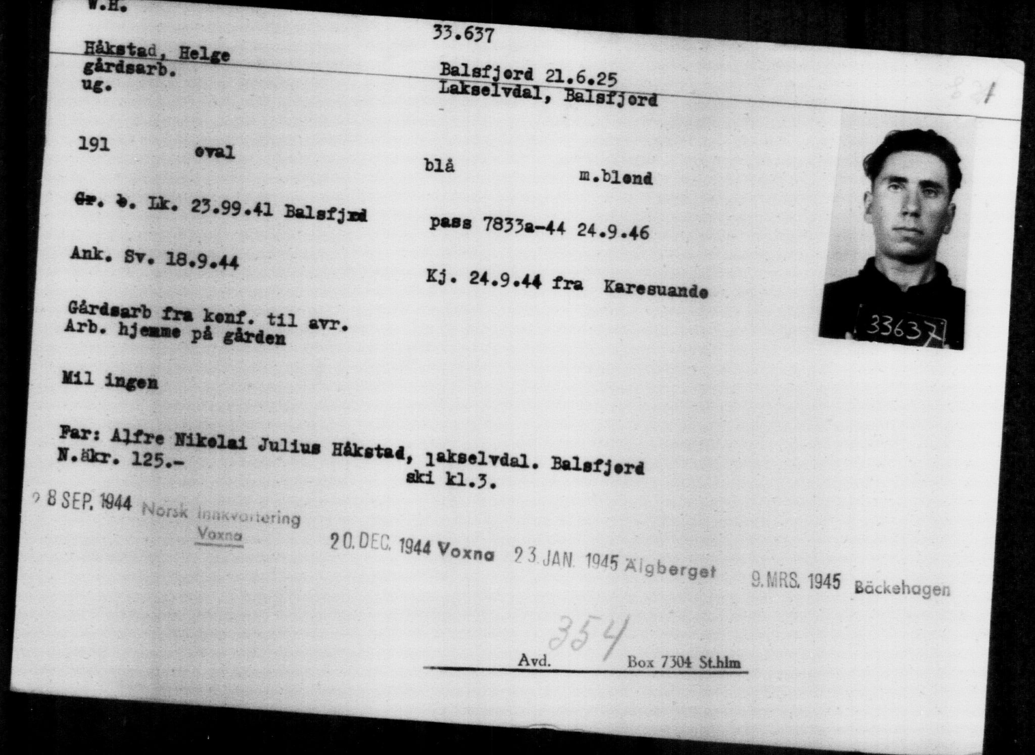 Utenriksstasjonene, Legasjonen i Stockholm, Flyktningkontoret, AV/RA-S-6753/V/Va/L0013: Kjesäterkartoteket, flyktninger med registreringsnr. 31500-34731, 1940-1945, p. 2256