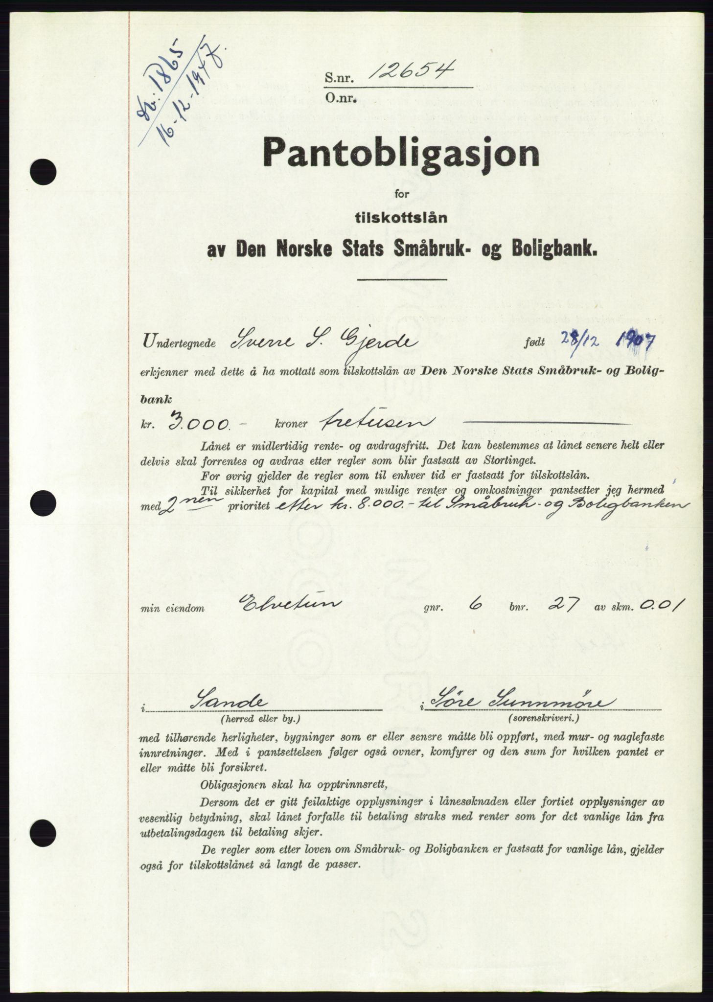 Søre Sunnmøre sorenskriveri, AV/SAT-A-4122/1/2/2C/L0115: Mortgage book no. 3B, 1947-1948, Diary no: : 1865/1947