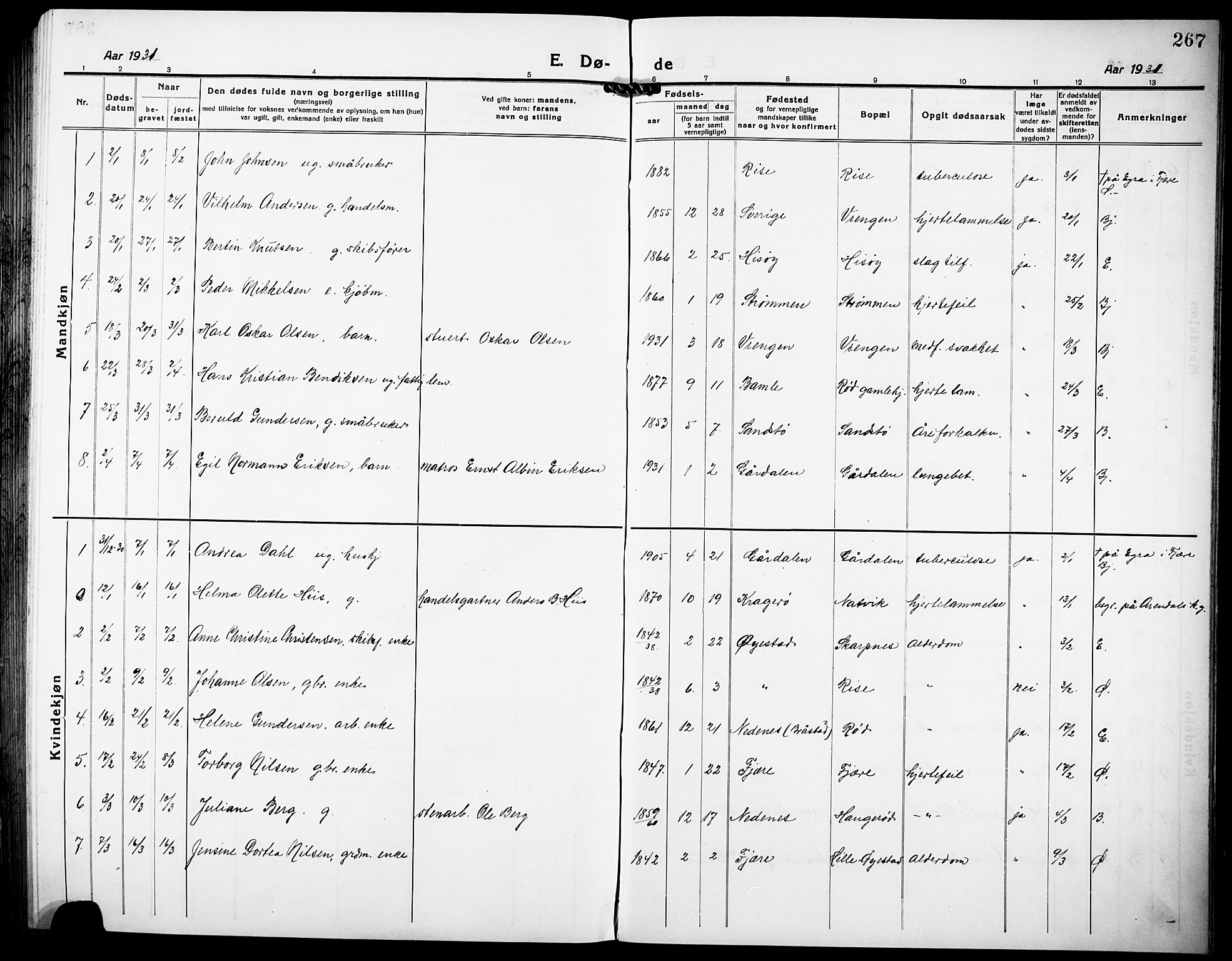 Øyestad sokneprestkontor, AV/SAK-1111-0049/F/Fb/L0012: Parish register (copy) no. B 12, 1919-1932, p. 267