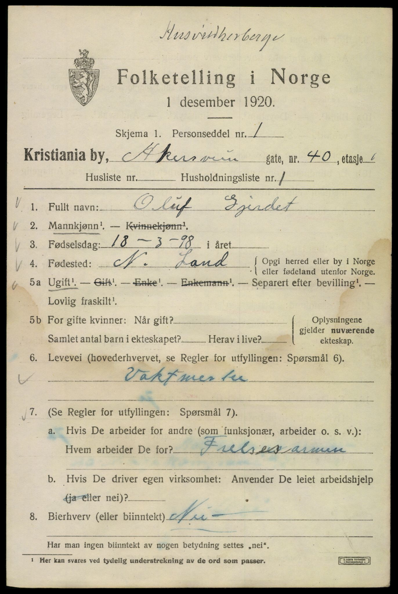 SAO, 1920 census for Kristiania, 1920, p. 140885