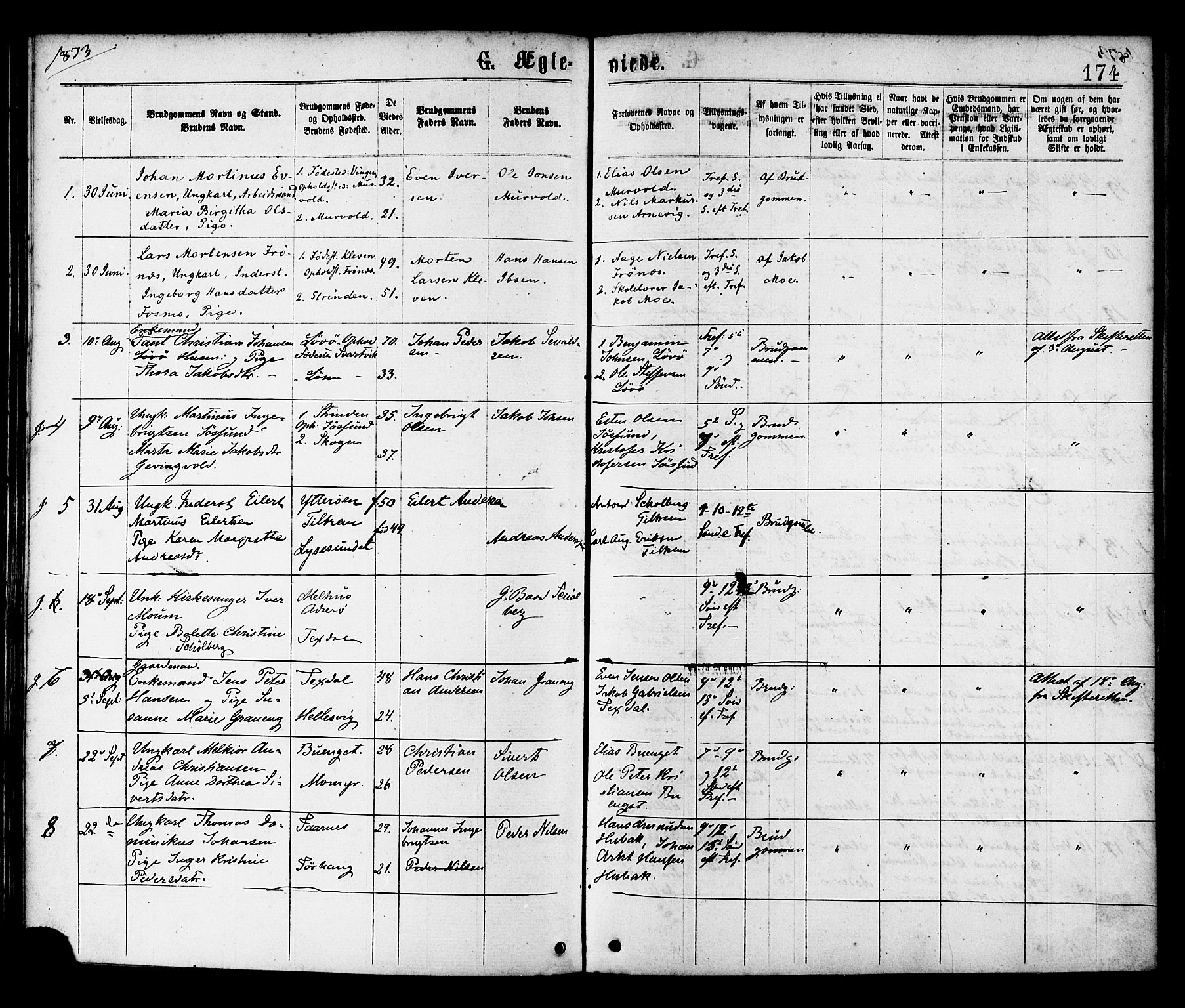 Ministerialprotokoller, klokkerbøker og fødselsregistre - Sør-Trøndelag, AV/SAT-A-1456/655/L0679: Parish register (official) no. 655A08, 1873-1879, p. 174