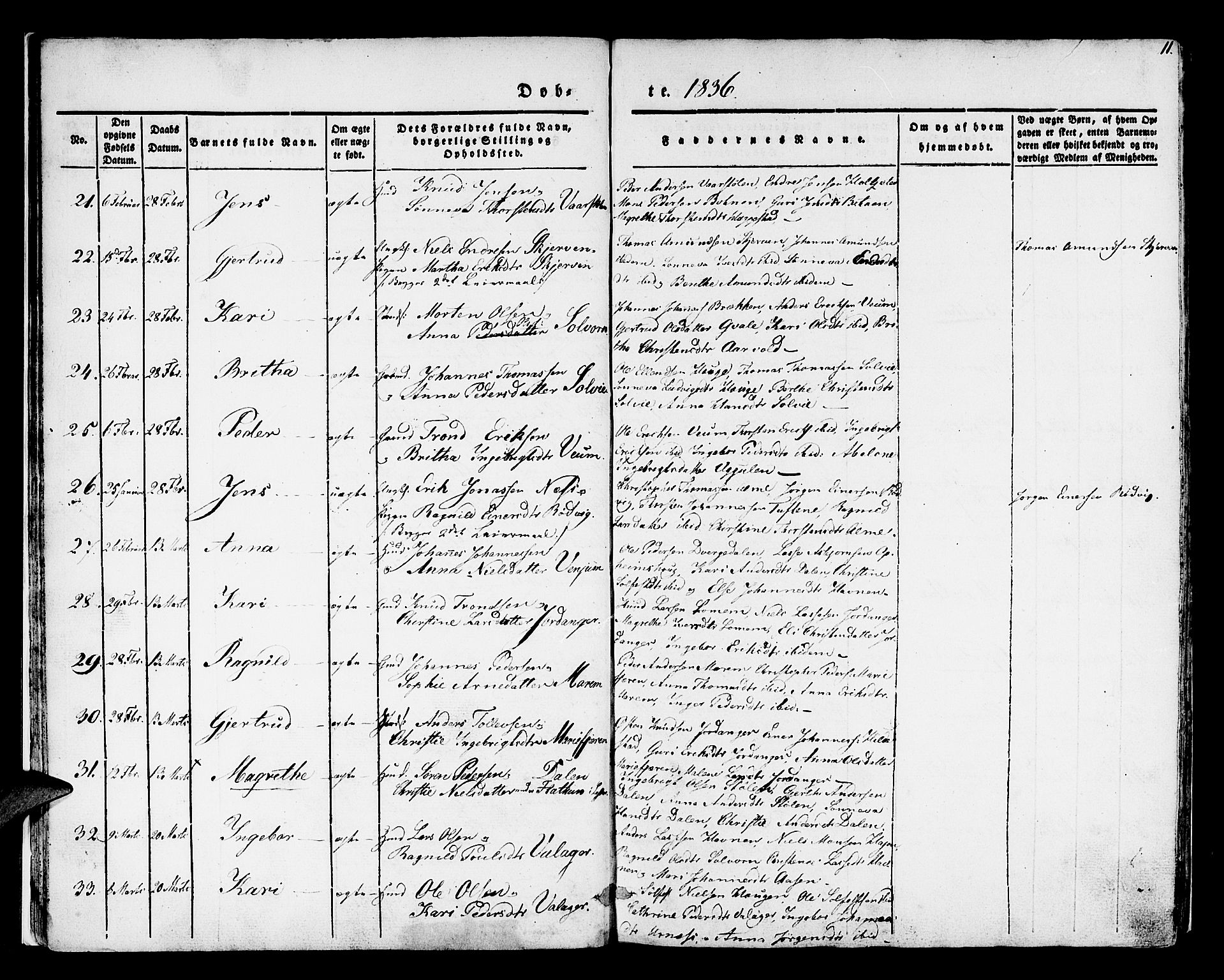 Hafslo sokneprestembete, SAB/A-80301/H/Haa/Haaa/L0005: Parish register (official) no. A 5, 1834-1852, p. 11