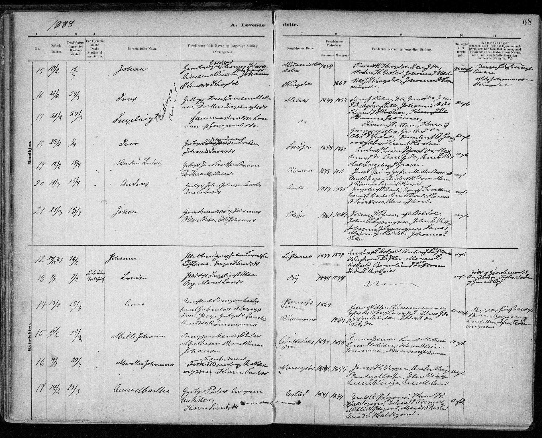 Ministerialprotokoller, klokkerbøker og fødselsregistre - Sør-Trøndelag, SAT/A-1456/668/L0809: Parish register (official) no. 668A09, 1881-1895, p. 68