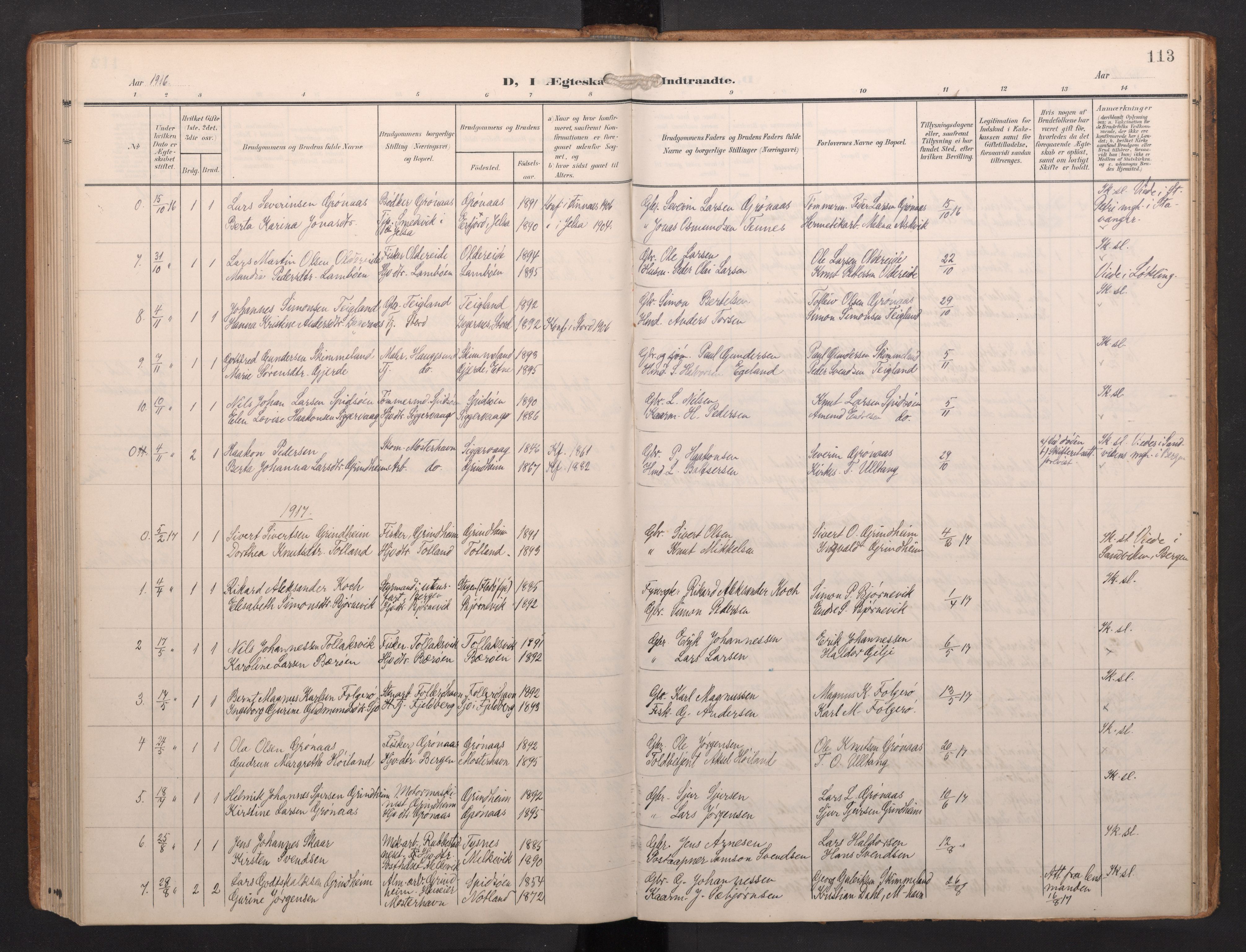 Finnås sokneprestembete, AV/SAB-A-99925/H/Ha/Haa/Haab/L0003: Parish register (official) no. B 3, 1907-1923, p. 113