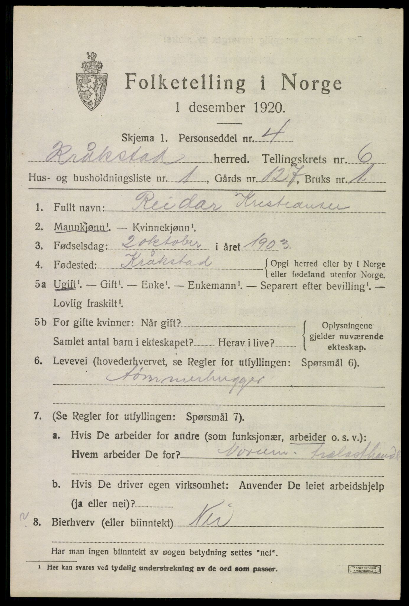 SAO, 1920 census for Kråkstad, 1920, p. 5767