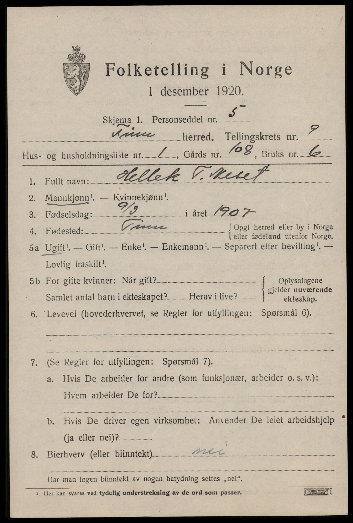 SAKO, 1920 census for Tinn, 1920, p. 5956