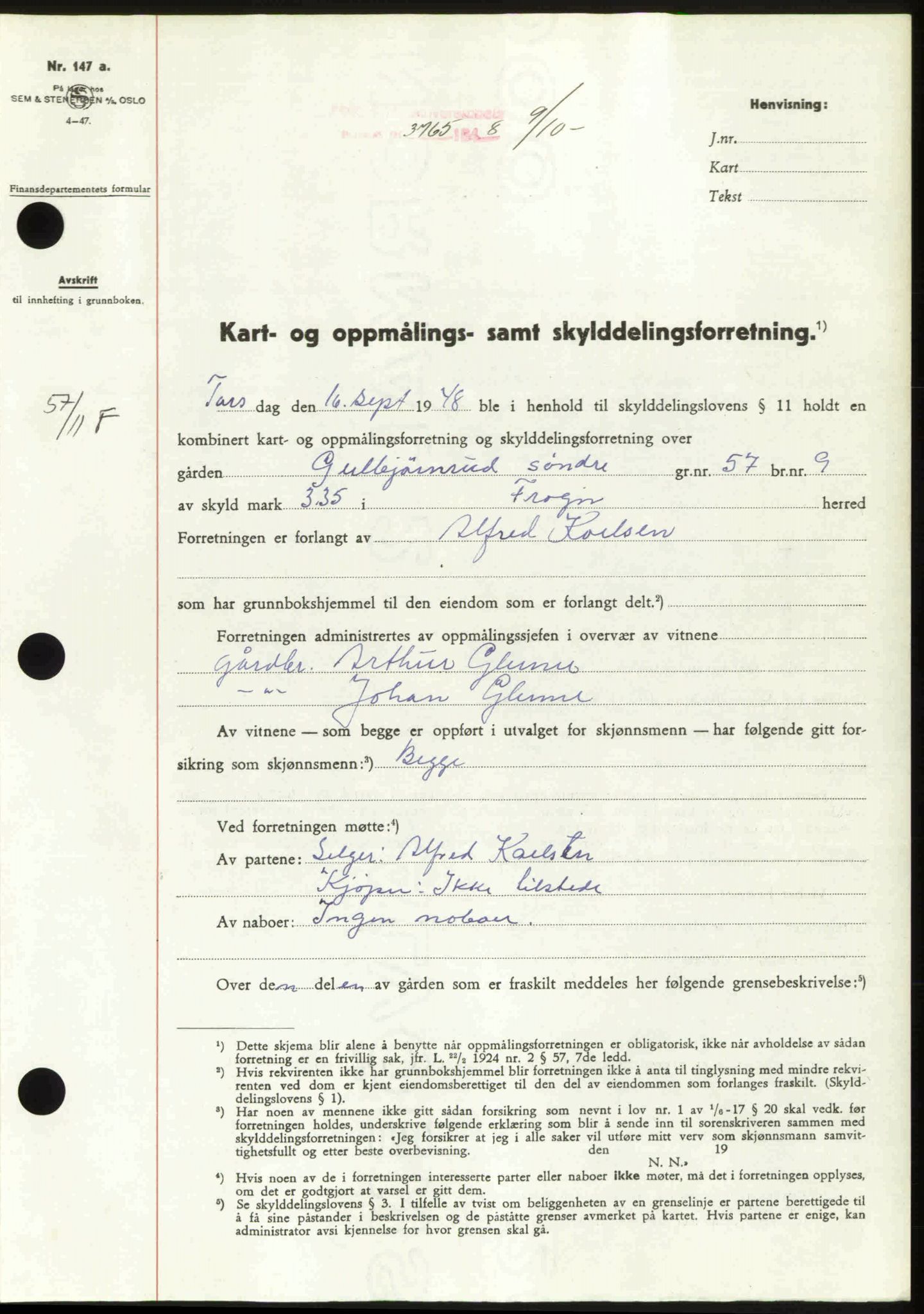 Follo sorenskriveri, AV/SAO-A-10274/G/Ga/Gaa/L0085: Mortgage book no. I 85, 1948-1948, Diary no: : 3765/1948