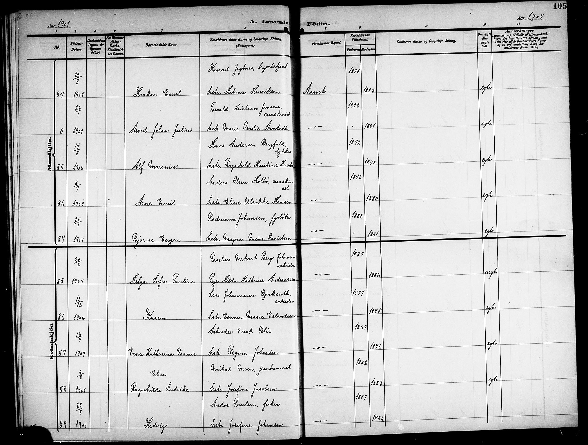 Ministerialprotokoller, klokkerbøker og fødselsregistre - Nordland, AV/SAT-A-1459/871/L1012: Parish register (copy) no. 871C01, 1902-1909, p. 105