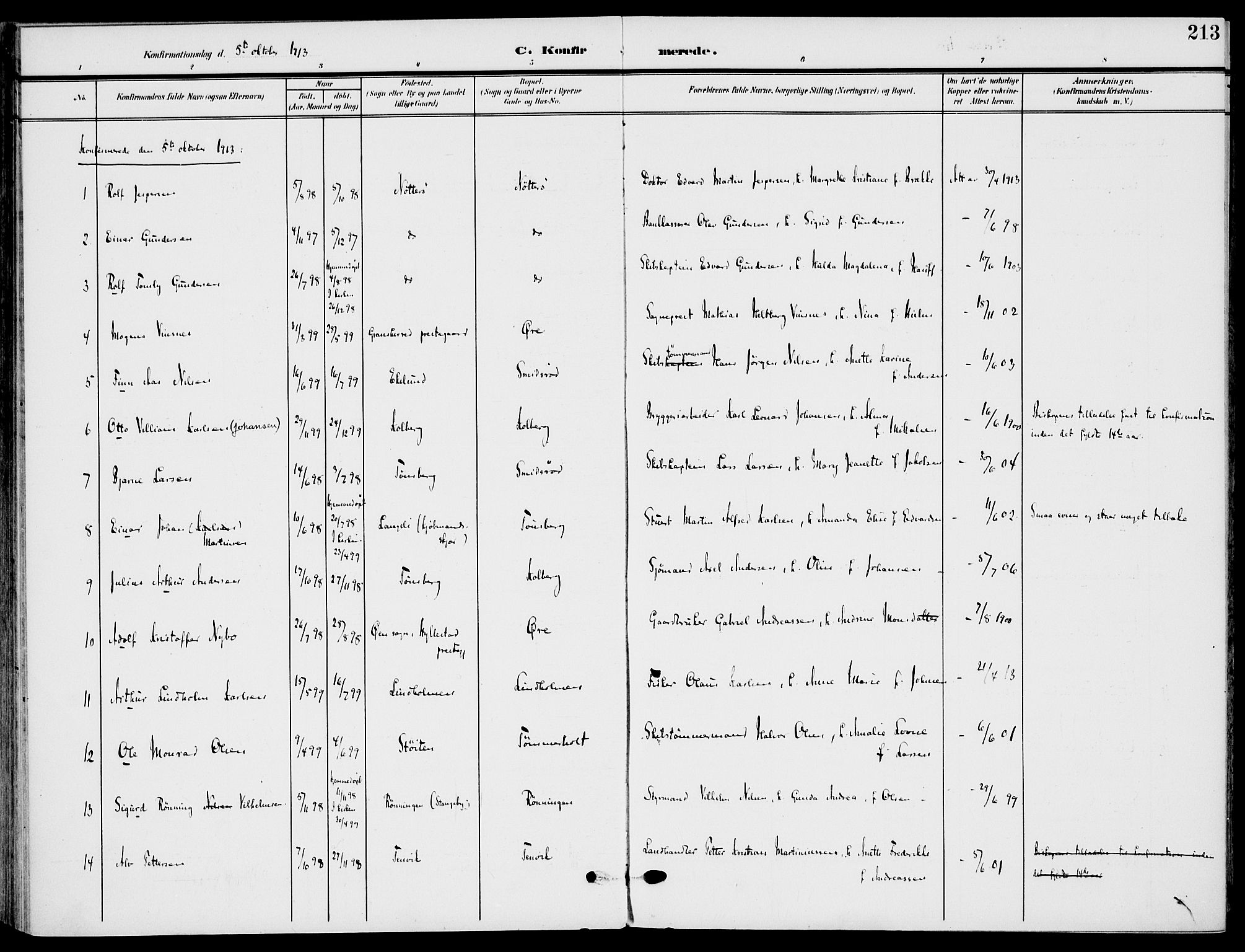 Nøtterøy kirkebøker, AV/SAKO-A-354/F/Fa/L0010: Parish register (official) no. I 10, 1908-1919, p. 213