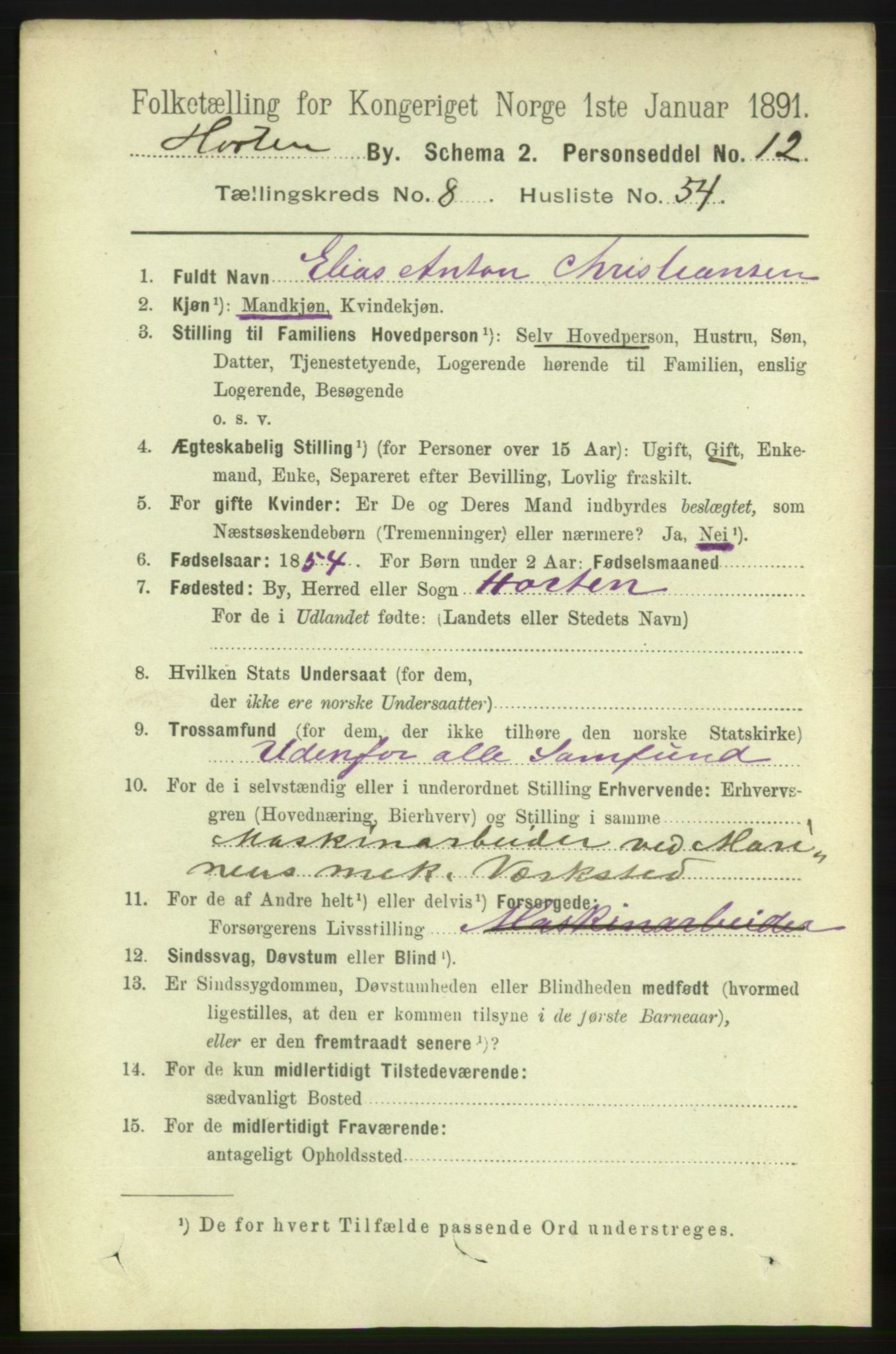 RA, 1891 census for 0703 Horten, 1891, p. 5519