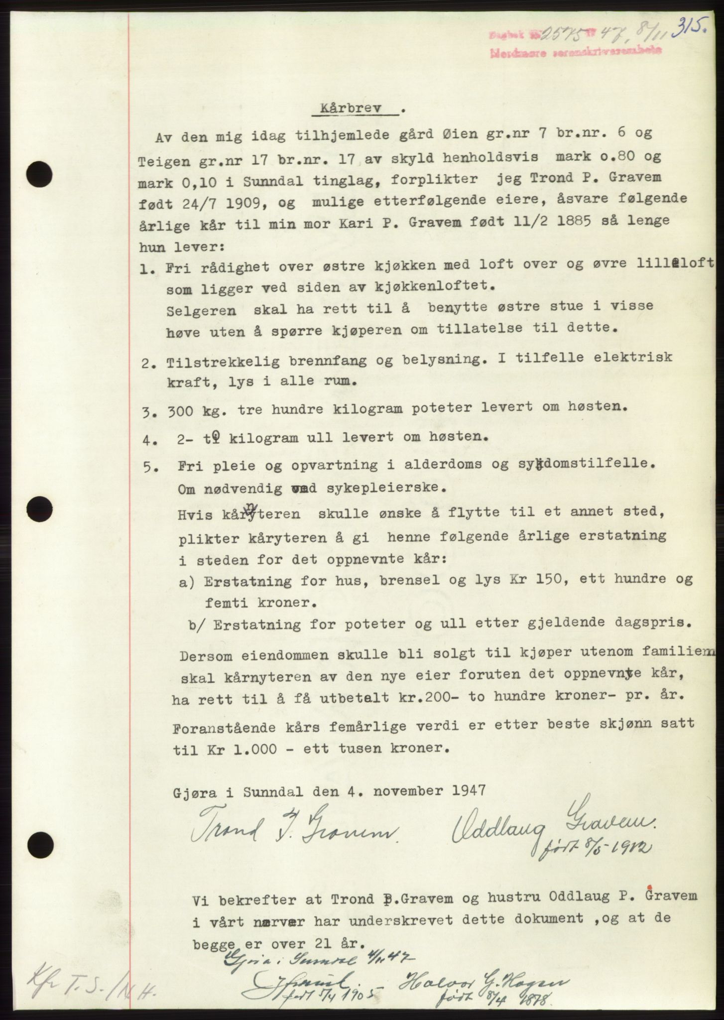 Nordmøre sorenskriveri, AV/SAT-A-4132/1/2/2Ca: Mortgage book no. B97, 1947-1948, Diary no: : 2575/1947