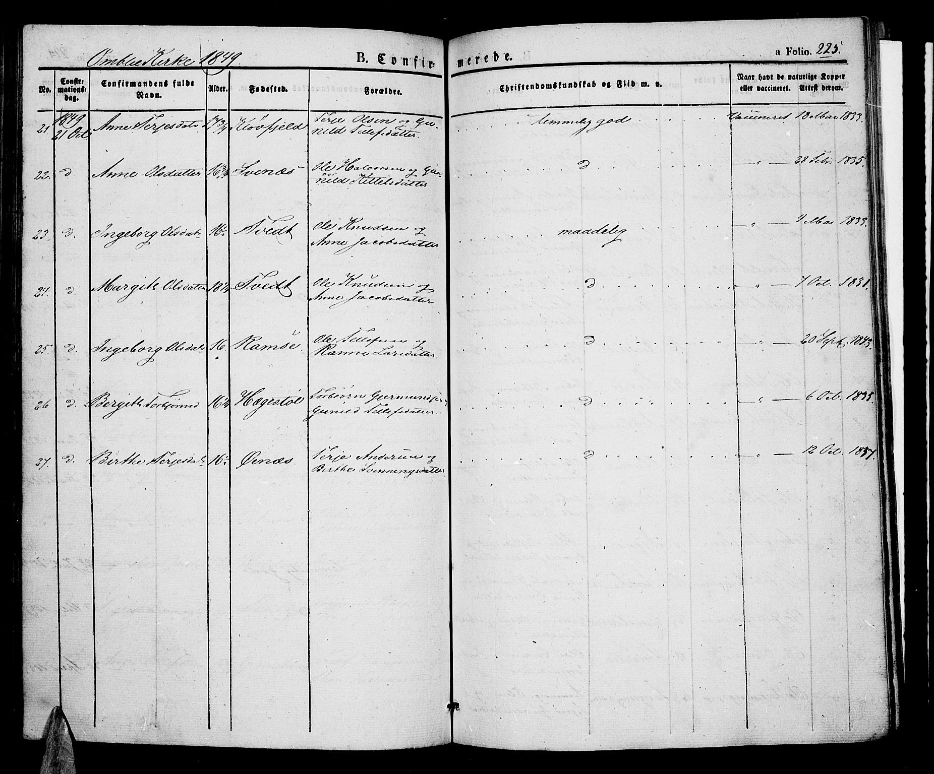 Åmli sokneprestkontor, AV/SAK-1111-0050/F/Fa/Fac/L0007: Parish register (official) no. A 7 /1, 1829-1851, p. 225