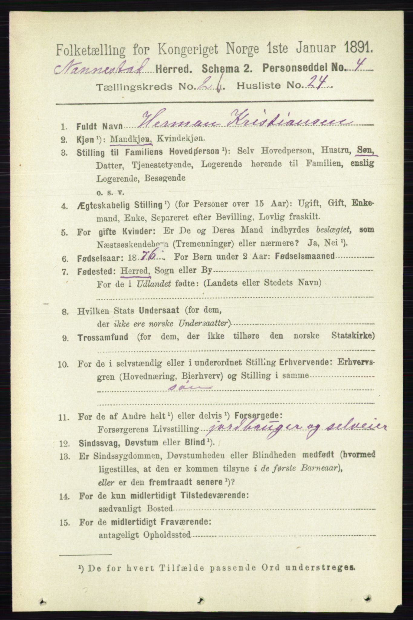 RA, 1891 census for 0238 Nannestad, 1891, p. 1276