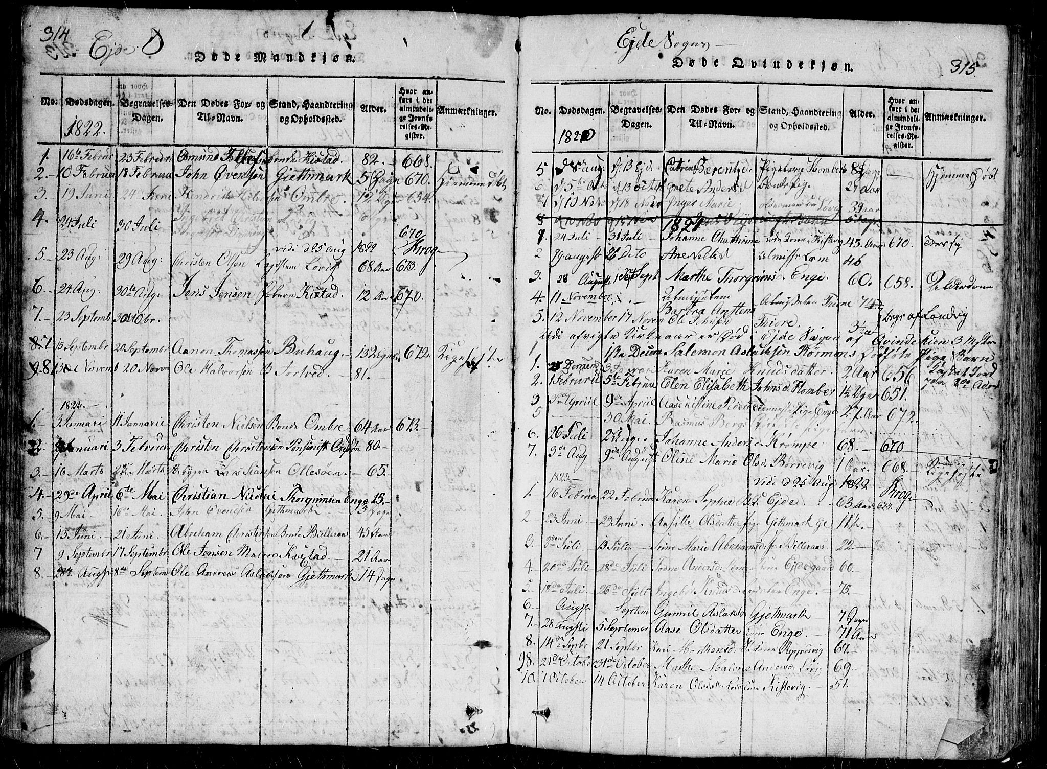 Hommedal sokneprestkontor, SAK/1111-0023/F/Fb/Fbb/L0003: Parish register (copy) no. B 3 /2, 1816-1850, p. 314-315