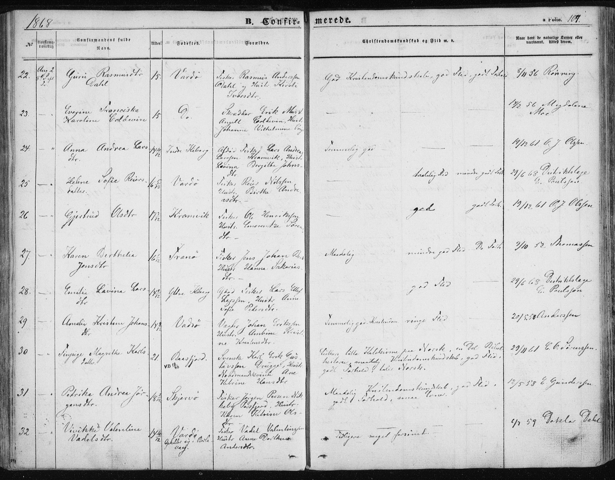 Vardø sokneprestkontor, SATØ/S-1332/H/Ha/L0004kirke: Parish register (official) no. 4, 1862-1871, p. 107