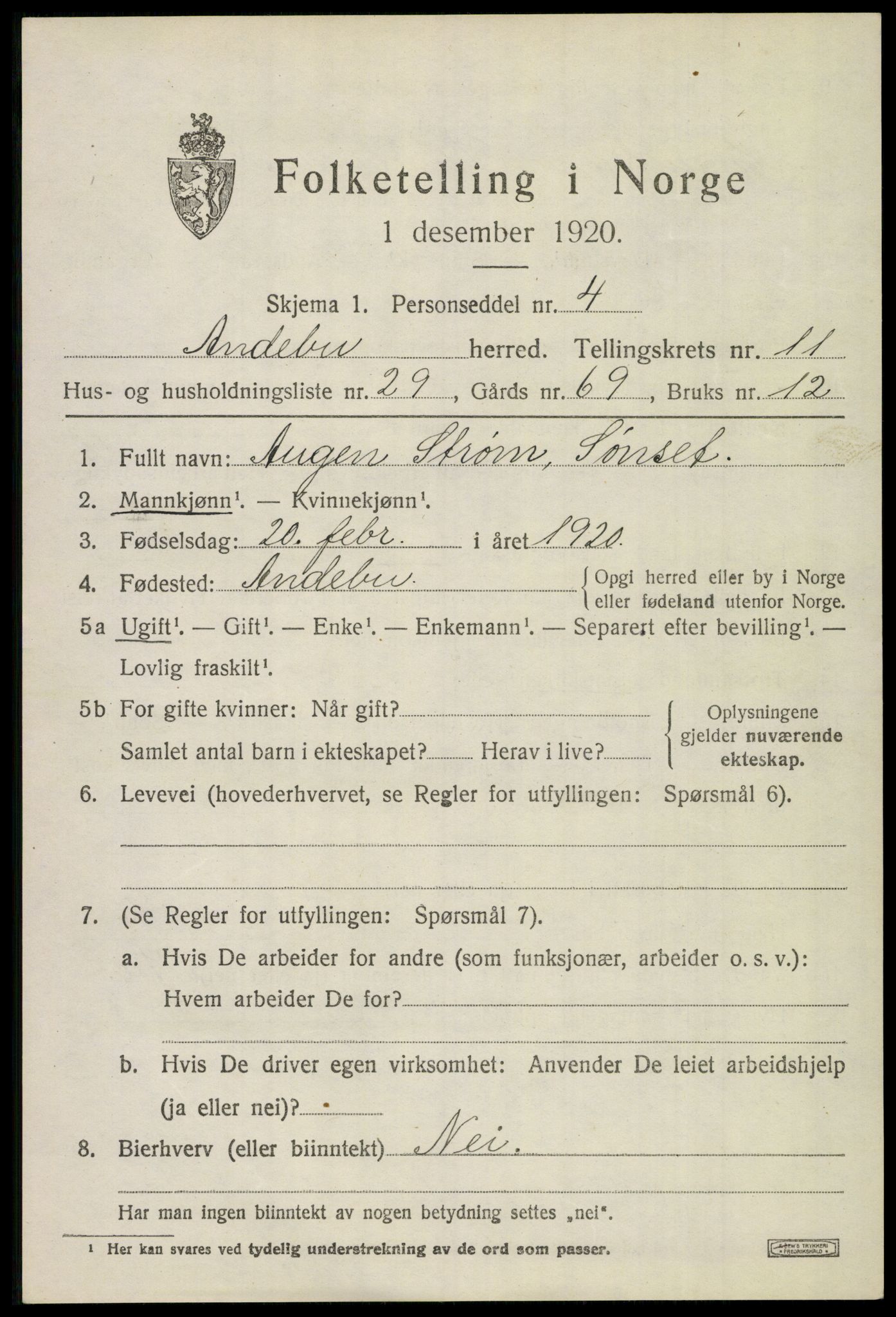 SAKO, 1920 census for Andebu, 1920, p. 4470