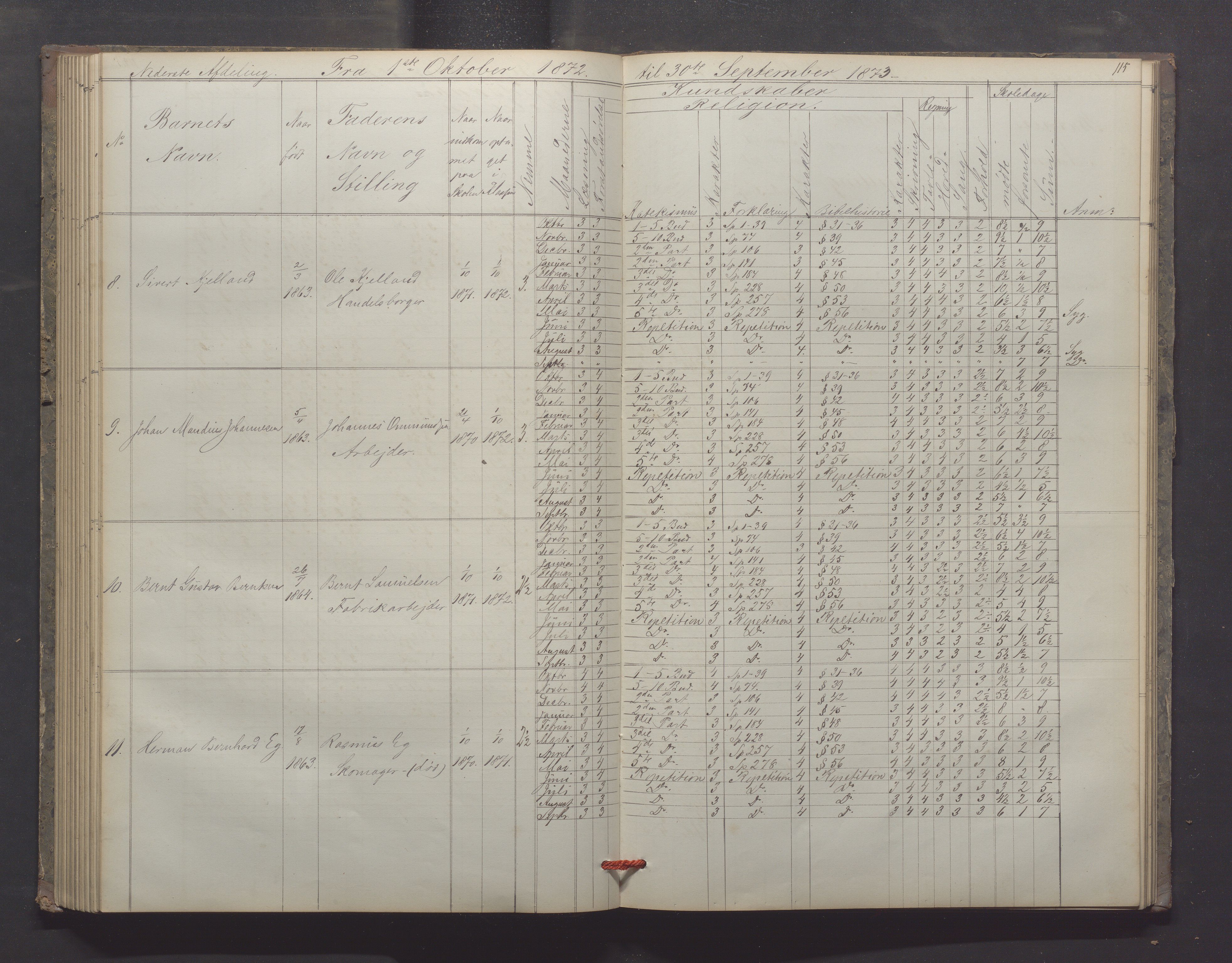 Egersund kommune (Ladested) - Egersund almueskole/folkeskole, IKAR/K-100521/H/L0012: Skoleprotokoll - Almueskolen, 3. klasse, 1867-1876, p. 115