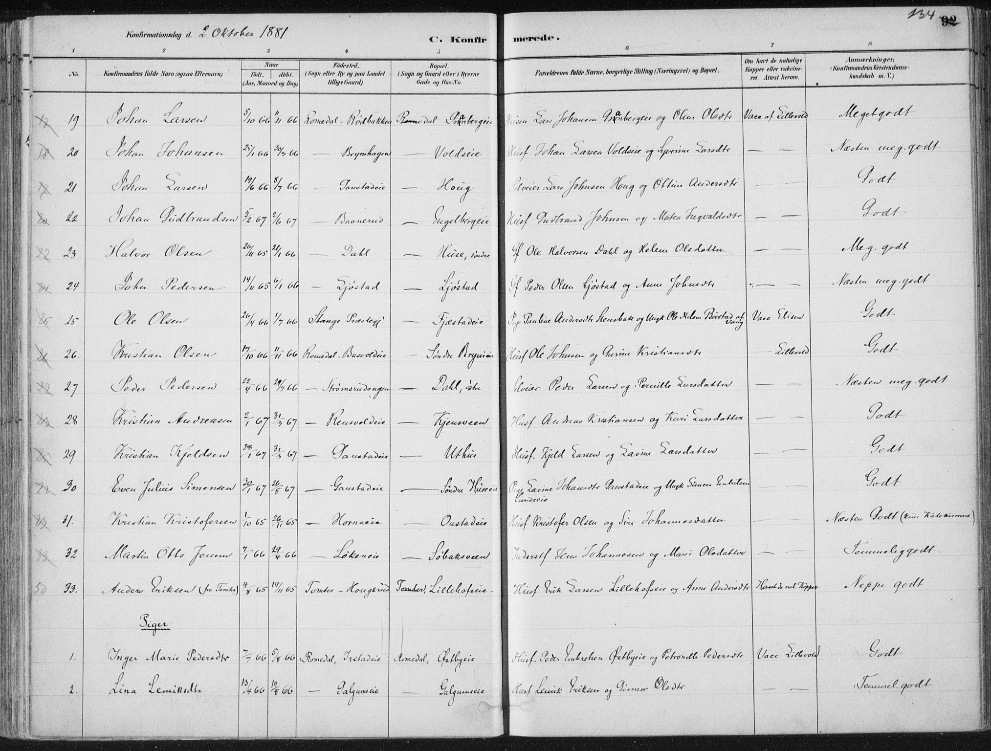 Romedal prestekontor, AV/SAH-PREST-004/K/L0010: Parish register (official) no. 10, 1880-1895, p. 134