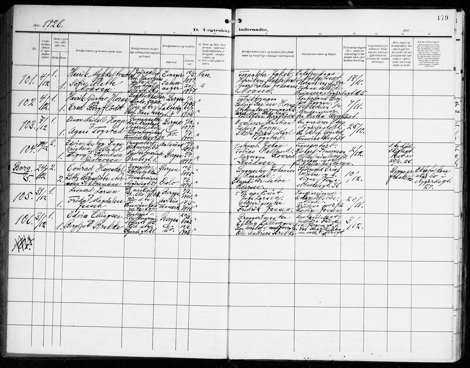 Johanneskirken sokneprestembete, AV/SAB-A-76001/H/Haa/L0013: Parish register (official) no. D 2, 1912-1929, p. 179