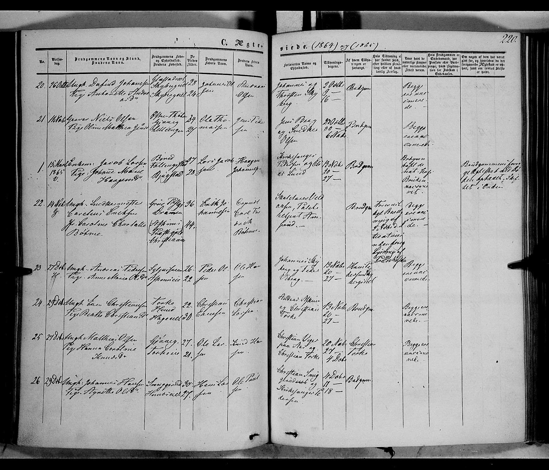 Vardal prestekontor, SAH/PREST-100/H/Ha/Haa/L0006: Parish register (official) no. 6, 1854-1866, p. 220