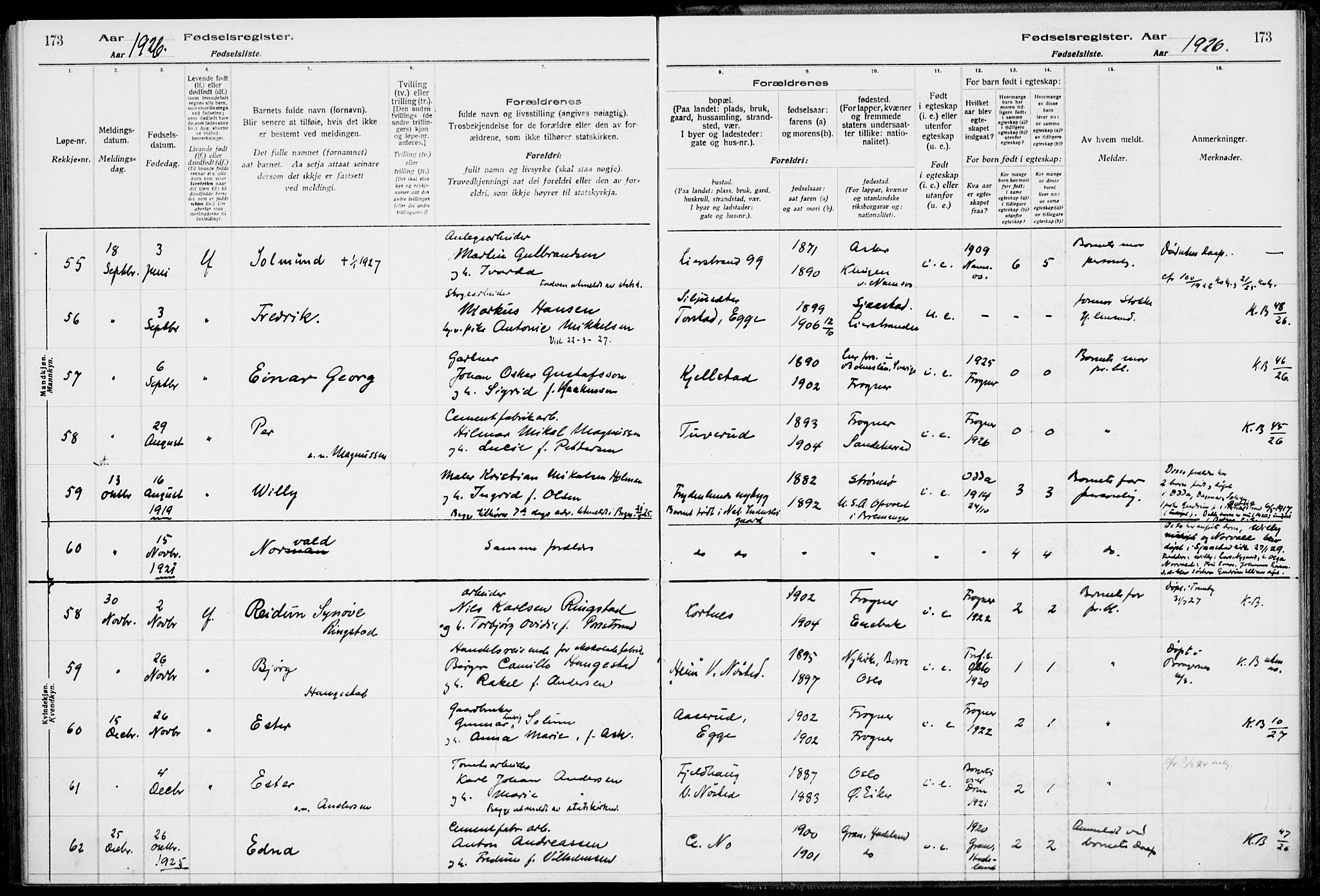 Lier kirkebøker, AV/SAKO-A-230/J/Ja/L0001: Birth register no. 1, 1916-1928, p. 173