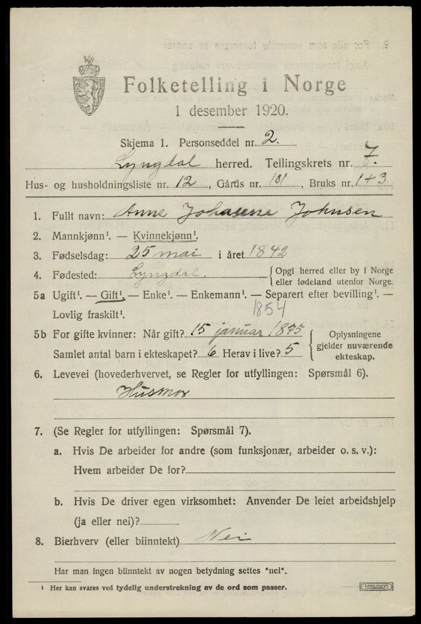 SAK, 1920 census for Lyngdal, 1920, p. 3969