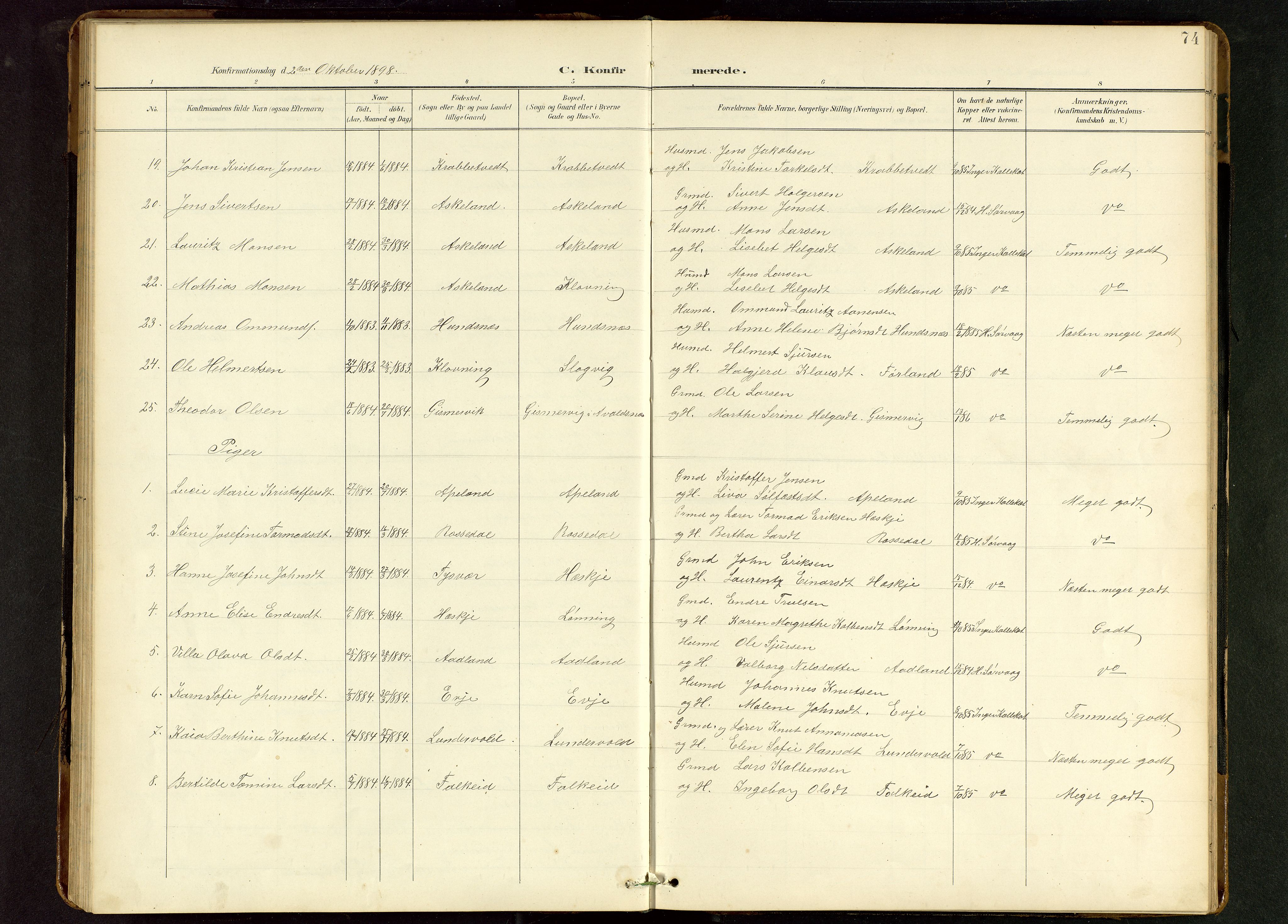 Tysvær sokneprestkontor, AV/SAST-A -101864/H/Ha/Hab/L0010: Parish register (copy) no. B 10, 1897-1912, p. 74