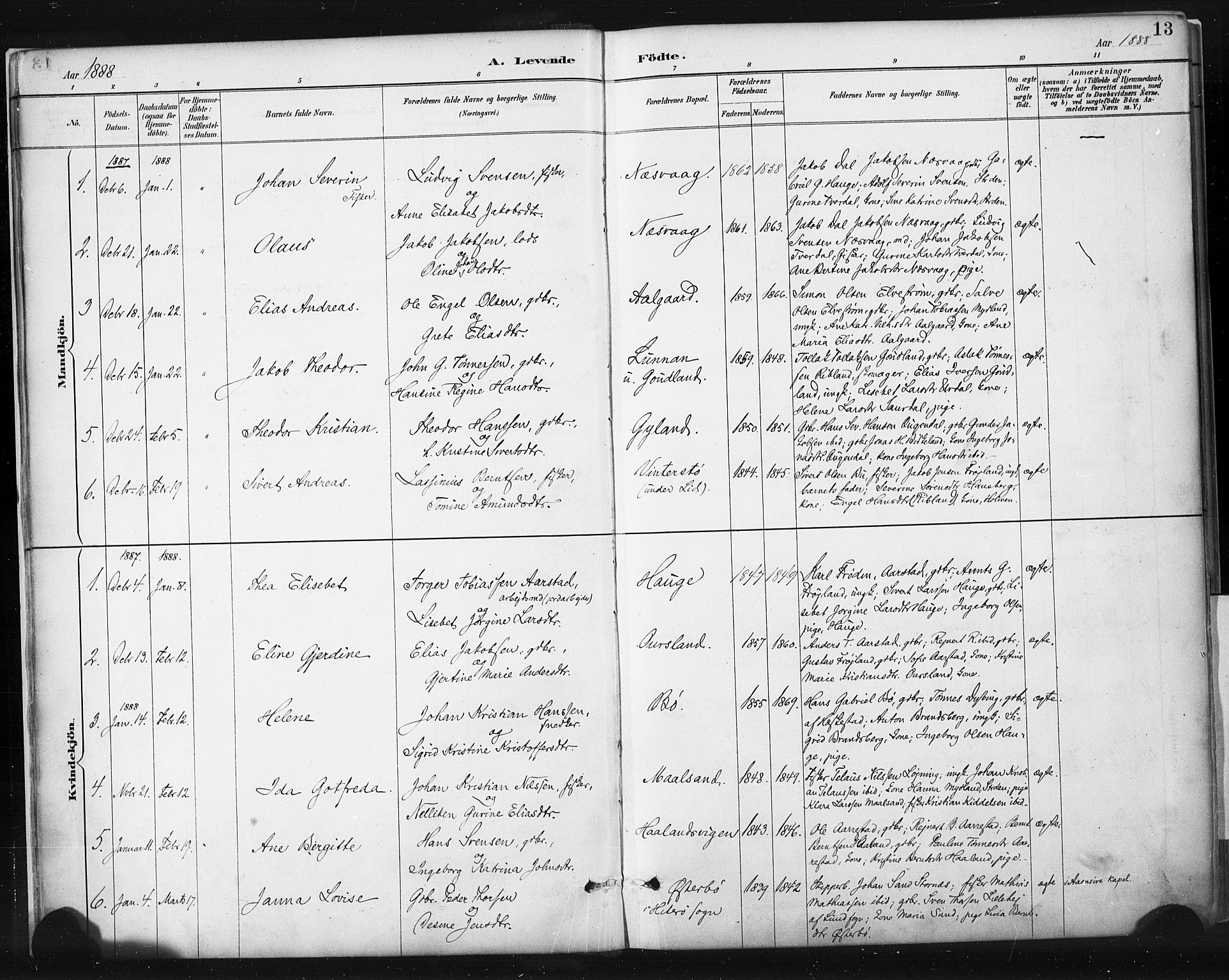 Sokndal sokneprestkontor, SAST/A-101808: Parish register (official) no. A 11.1, 1887-1905, p. 13
