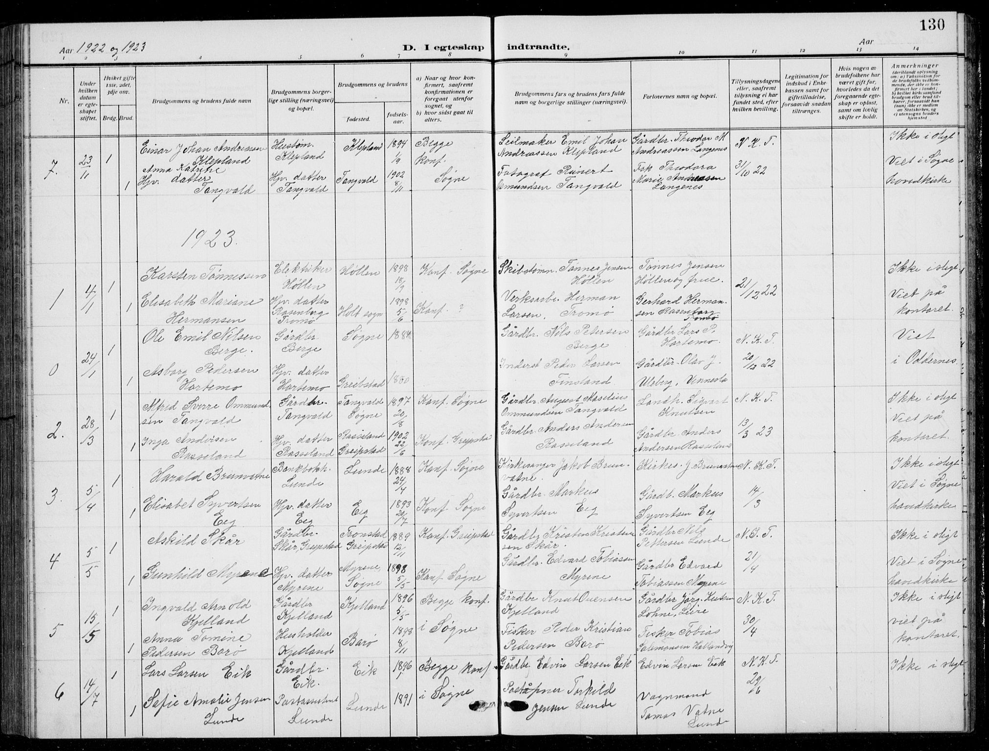 Søgne sokneprestkontor, SAK/1111-0037/F/Fb/Fbb/L0007: Parish register (copy) no. B 7, 1912-1931, p. 130
