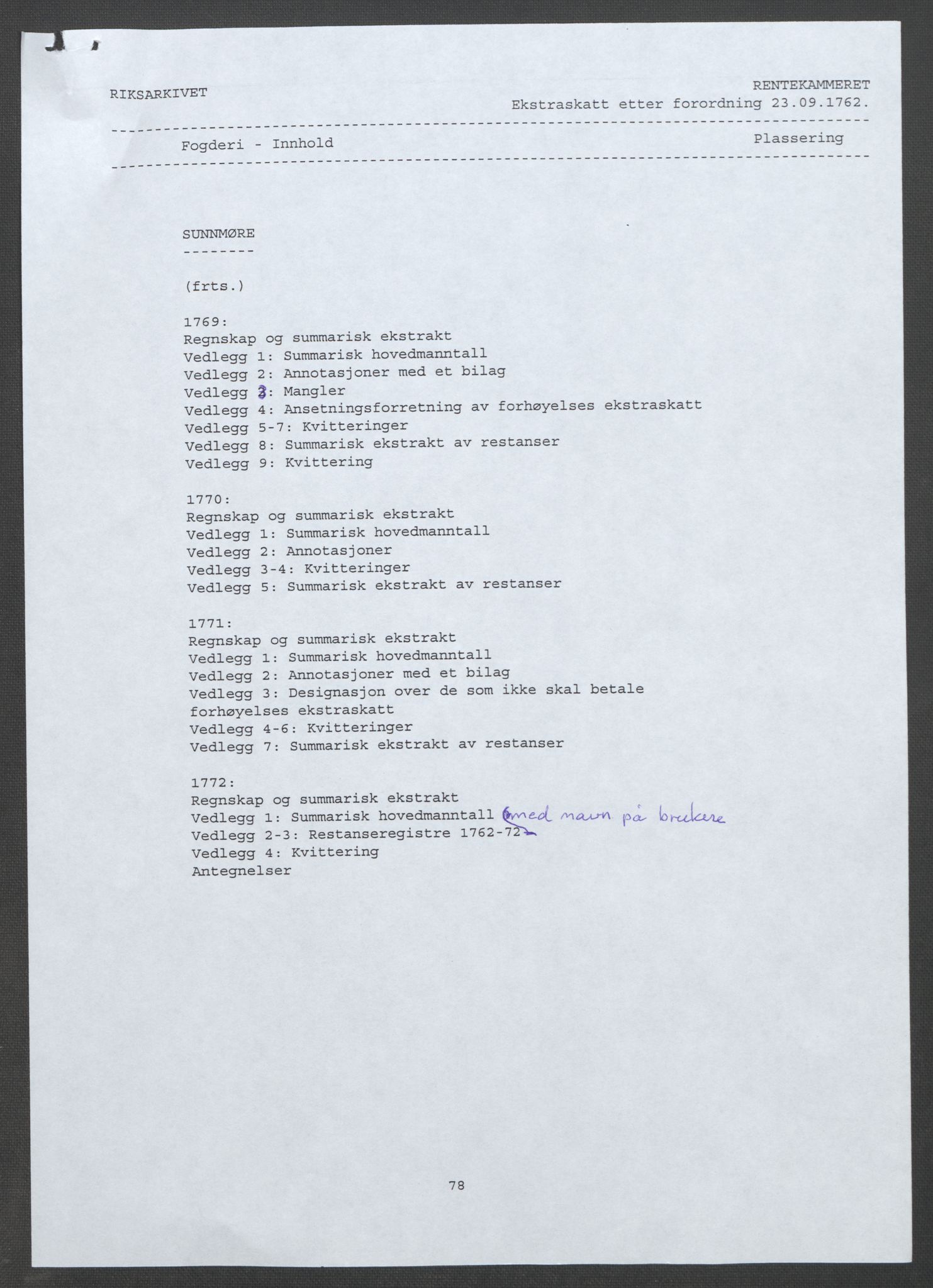 Rentekammeret inntil 1814, Reviderte regnskaper, Fogderegnskap, AV/RA-EA-4092/R54/L3645: Ekstraskatten Sunnmøre, 1762-1772, p. 3