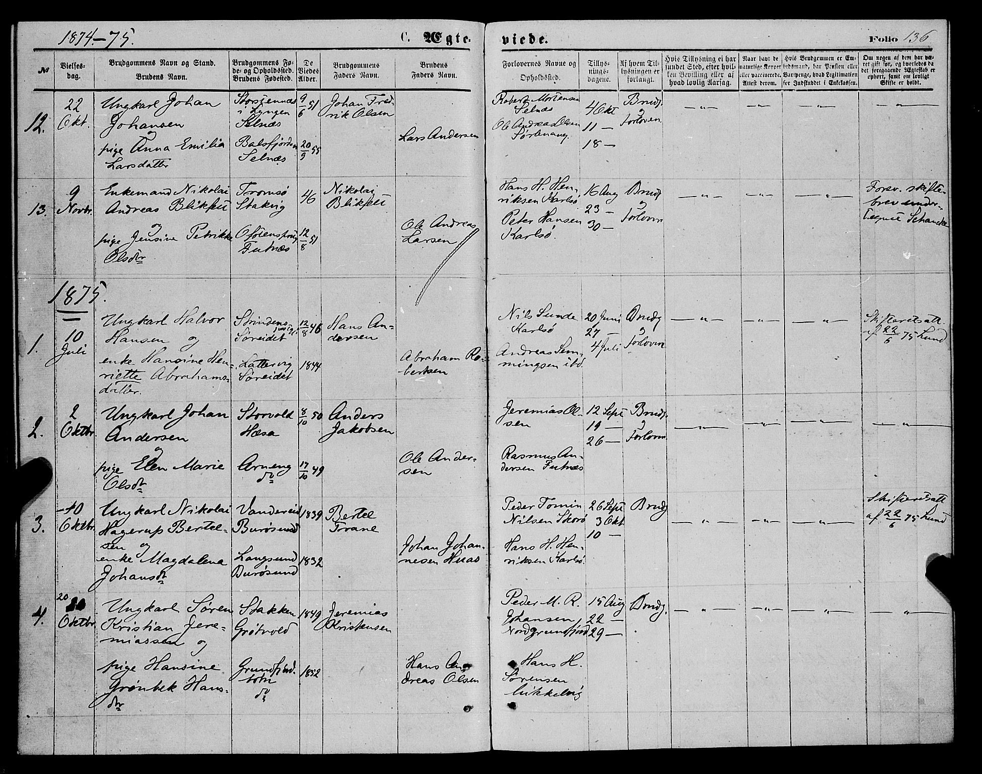 Karlsøy sokneprestembete, SATØ/S-1299/H/Ha/Haa/L0005kirke: Parish register (official) no. 5, 1872-1878, p. 136