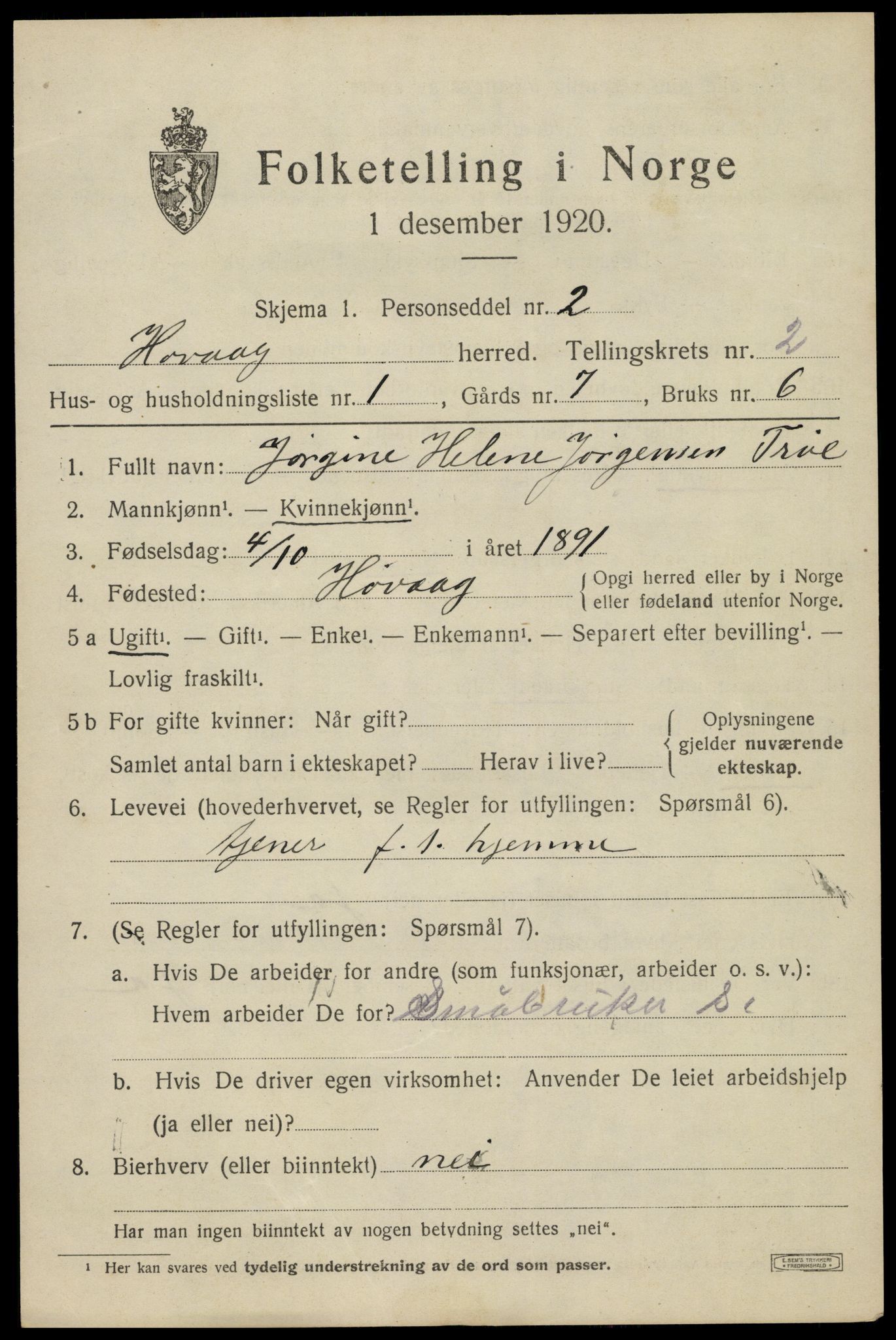 SAK, 1920 census for Høvåg, 1920, p. 1192