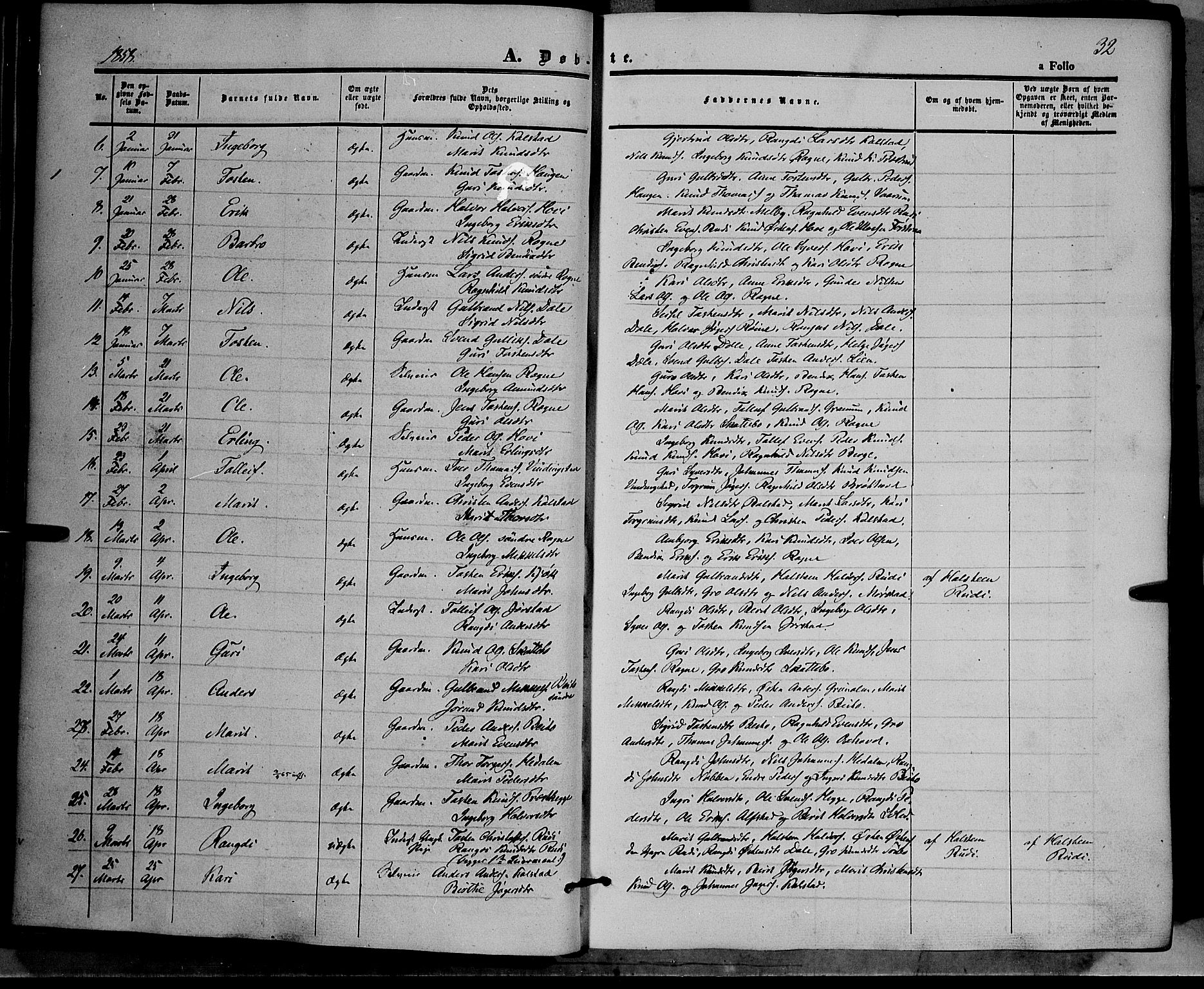 Øystre Slidre prestekontor, AV/SAH-PREST-138/H/Ha/Haa/L0001: Parish register (official) no. 1, 1849-1874, p. 32