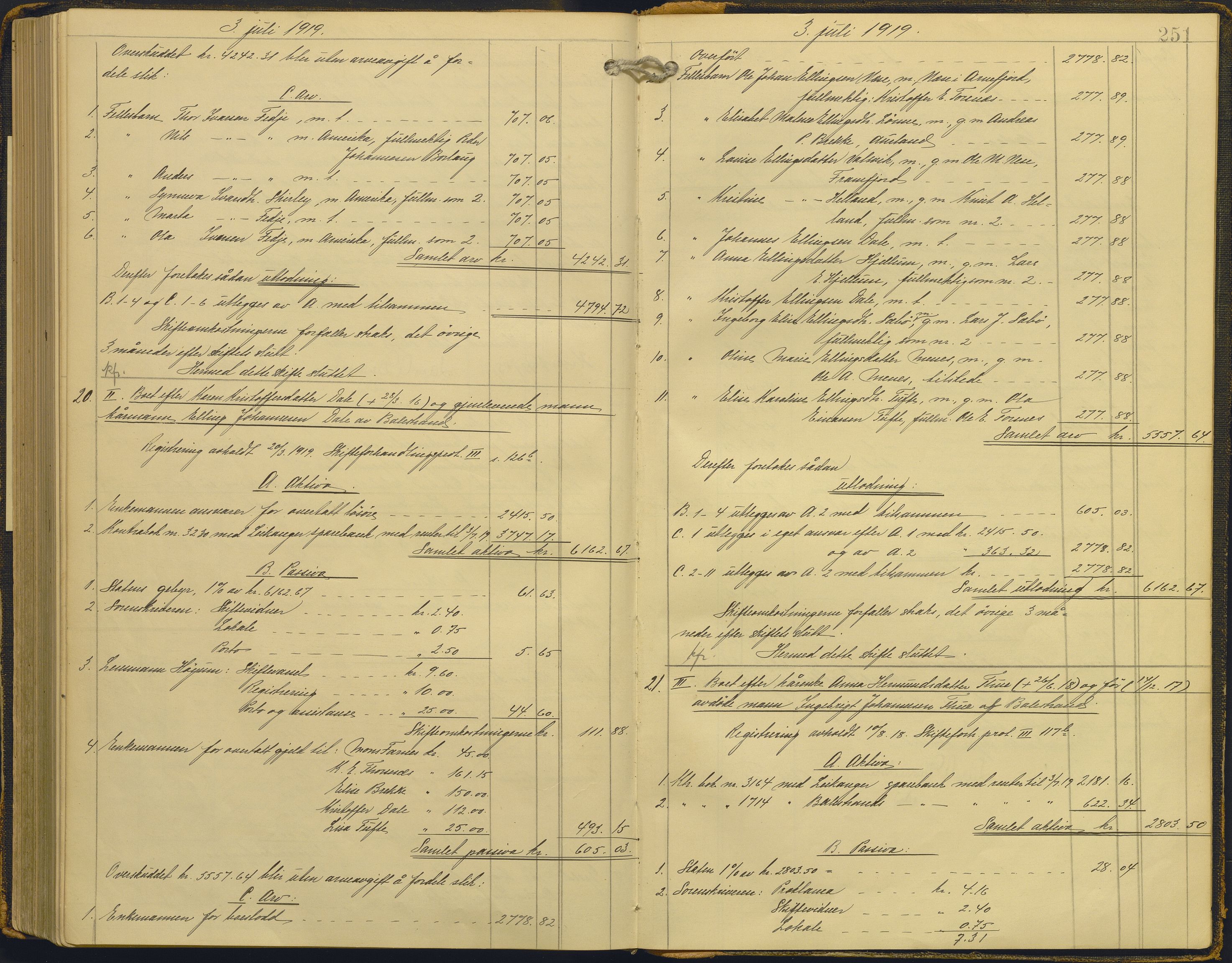 Ytre Sogn tingrett, AV/SAB-A-2601/1/H/Hc/L0006: Skifteutlodningsprotokoll, 1911-1919, p. 250b-251a