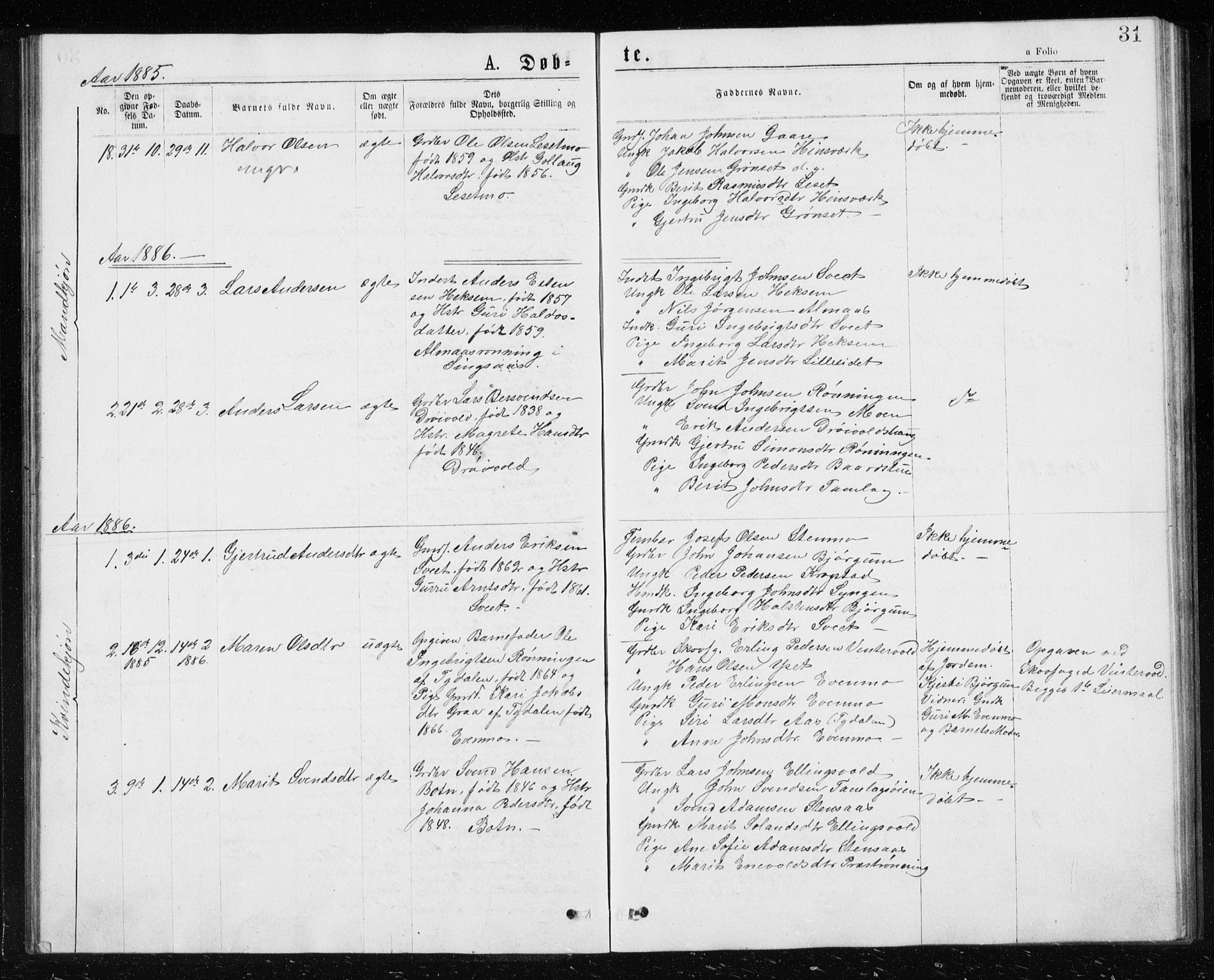 Ministerialprotokoller, klokkerbøker og fødselsregistre - Sør-Trøndelag, SAT/A-1456/685/L0977: Parish register (copy) no. 685C02, 1879-1890, p. 31
