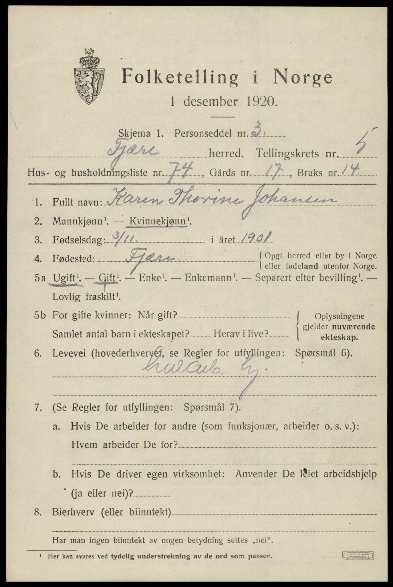 SAK, 1920 census for Fjære, 1920, p. 8115