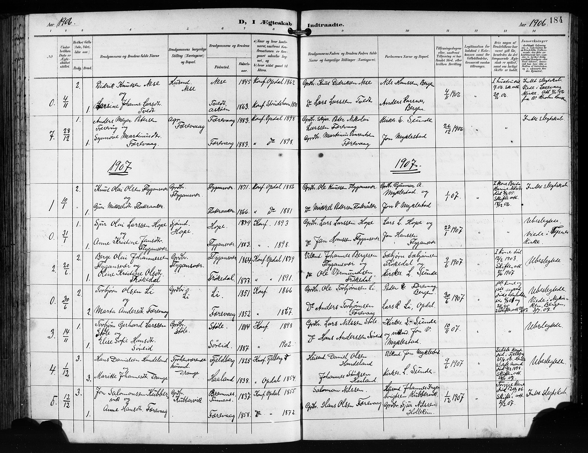 Tysnes sokneprestembete, AV/SAB-A-78601/H/Hab: Parish register (copy) no. E 3, 1897-1913, p. 184