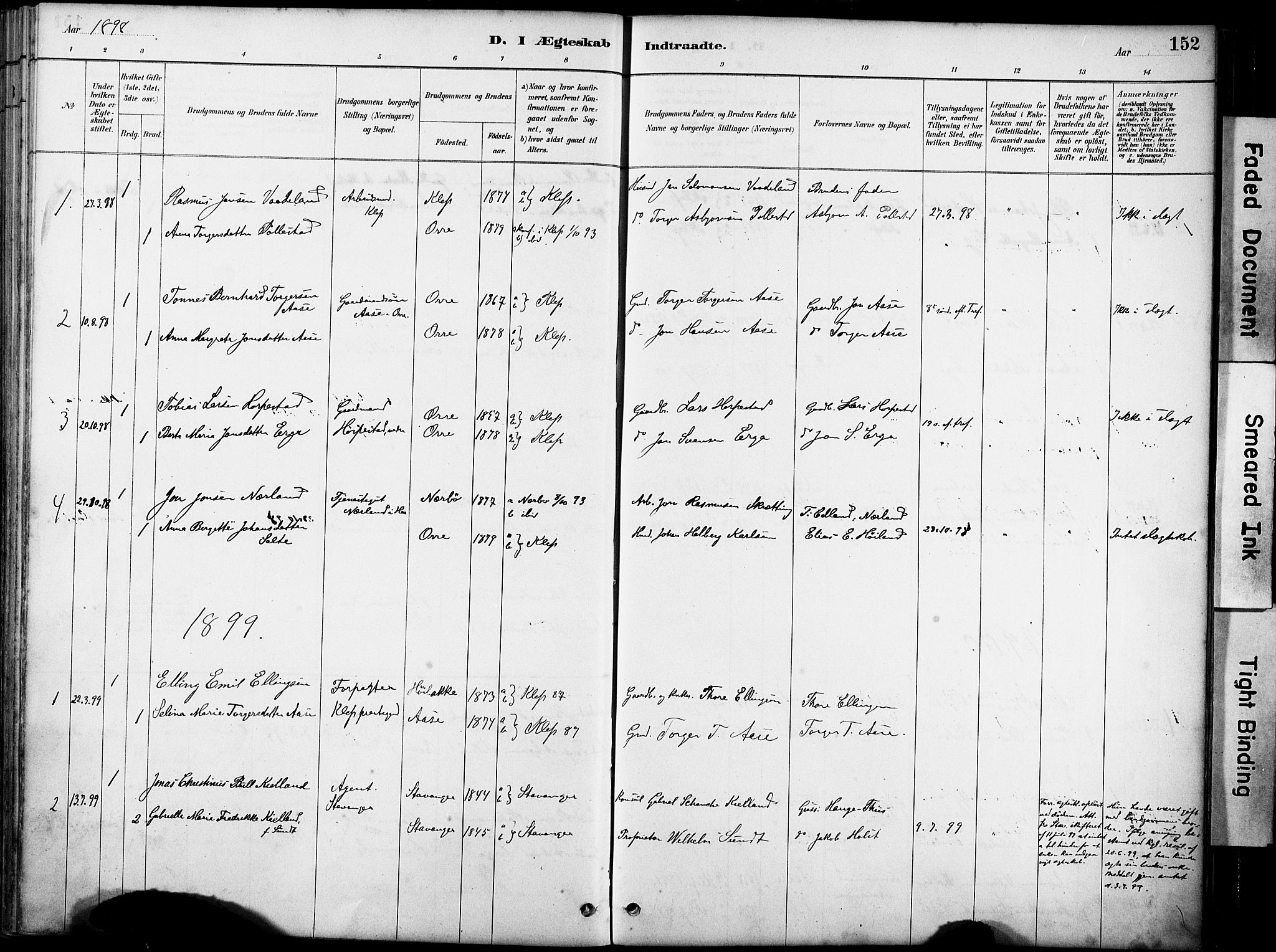 Klepp sokneprestkontor, SAST/A-101803/001/3/30BA/L0007: Parish register (official) no. A 8, 1886-1912, p. 152