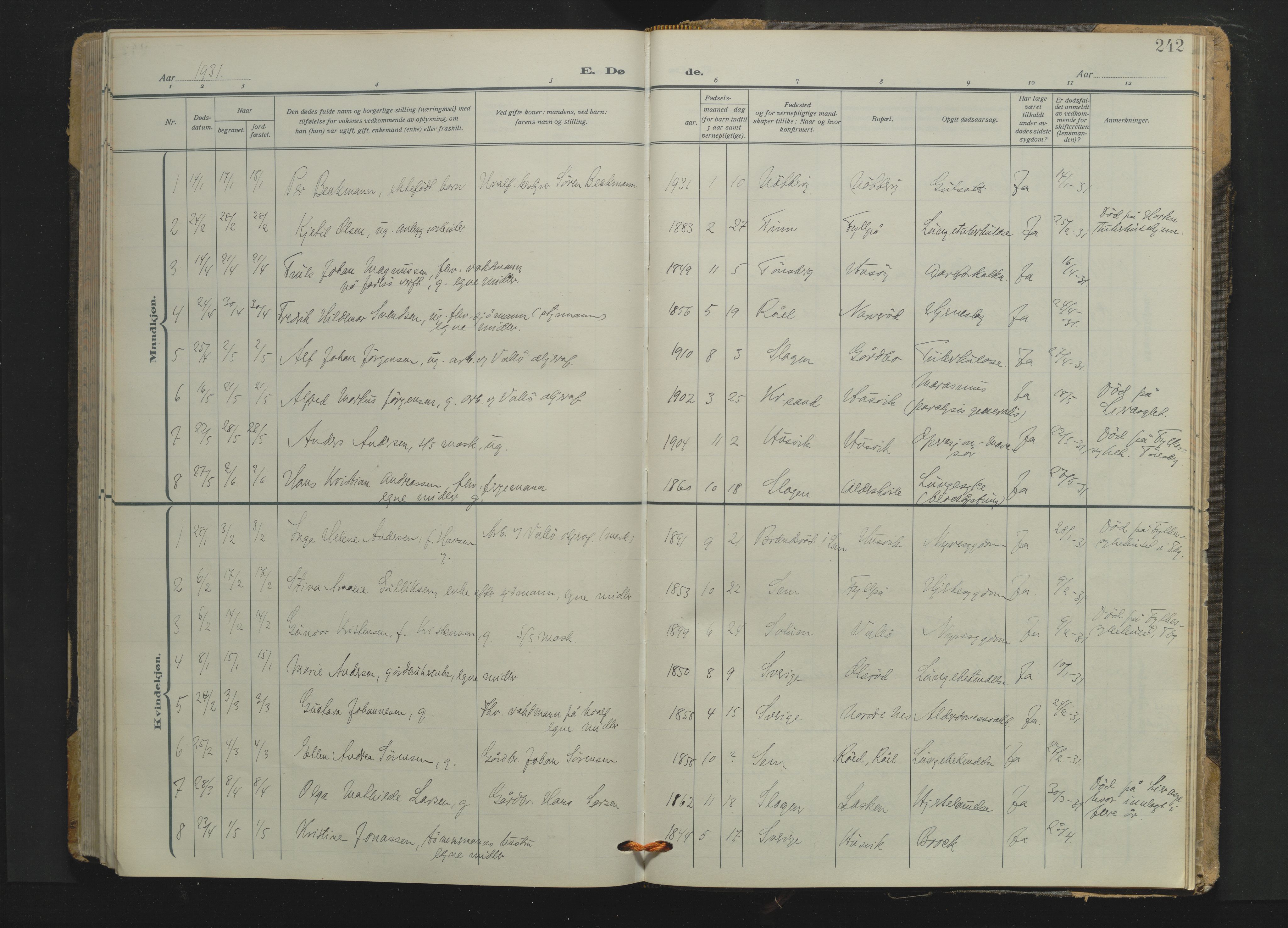 Søndre Slagen kirkebøker, AV/SAKO-A-326/F/Fa/L0001: Parish register (official) no. 1, 1922-1935, p. 242