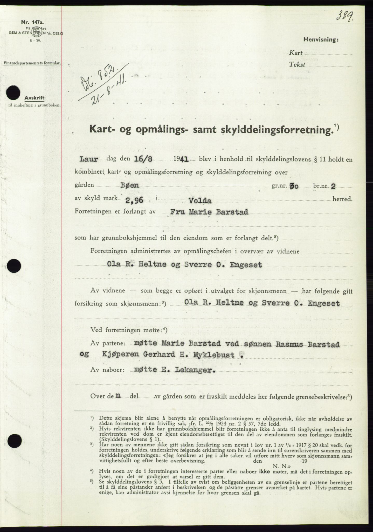 Søre Sunnmøre sorenskriveri, AV/SAT-A-4122/1/2/2C/L0071: Mortgage book no. 65, 1941-1941, Diary no: : 852/1941