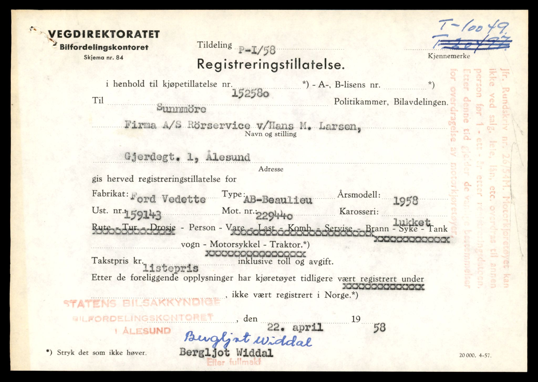 Møre og Romsdal vegkontor - Ålesund trafikkstasjon, AV/SAT-A-4099/F/Fe/L0017: Registreringskort for kjøretøy T 1985 - T 10090, 1927-1998, p. 2201