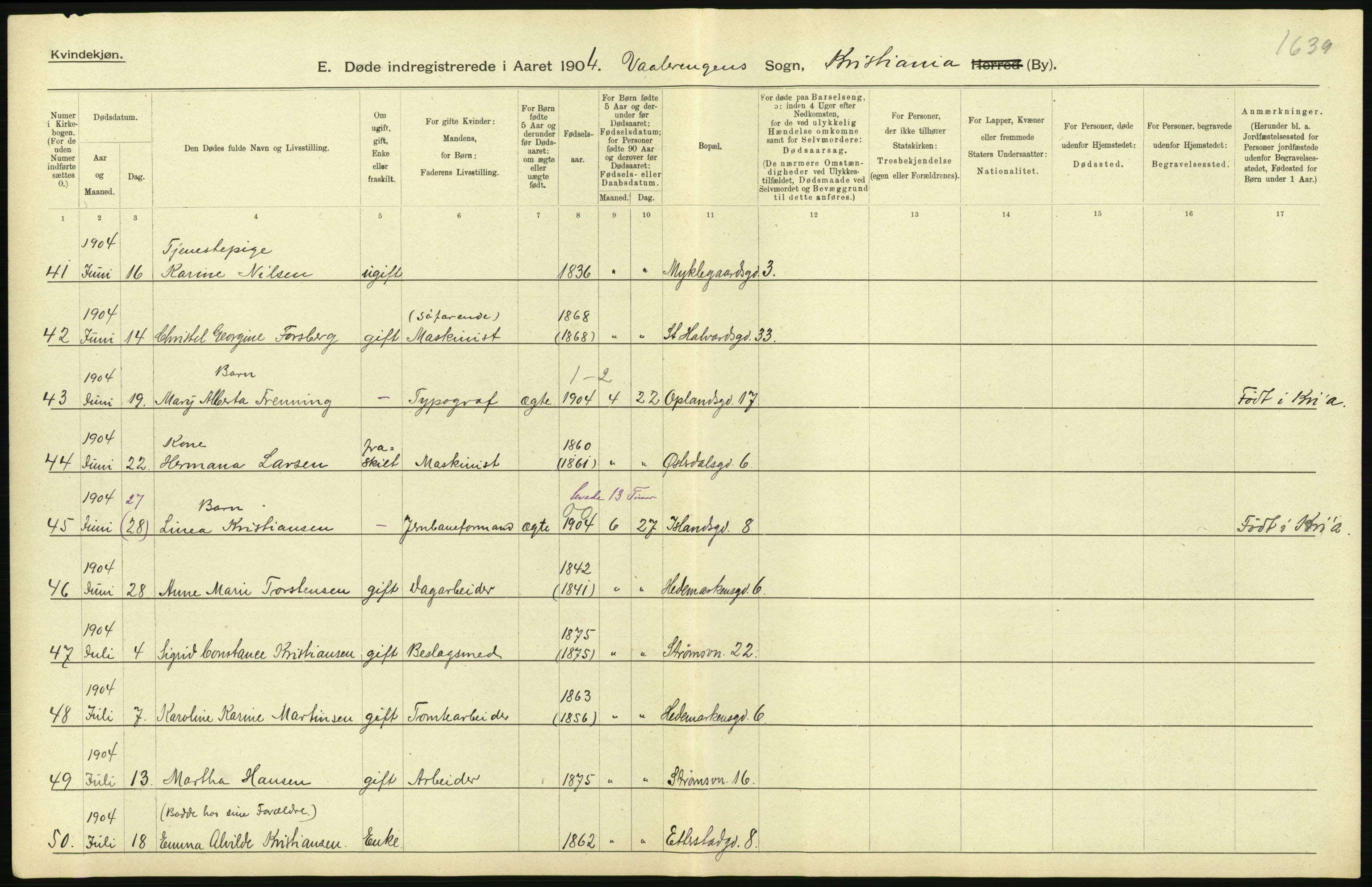 Statistisk sentralbyrå, Sosiodemografiske emner, Befolkning, AV/RA-S-2228/D/Df/Dfa/Dfab/L0004: Kristiania: Gifte, døde, 1904, p. 417