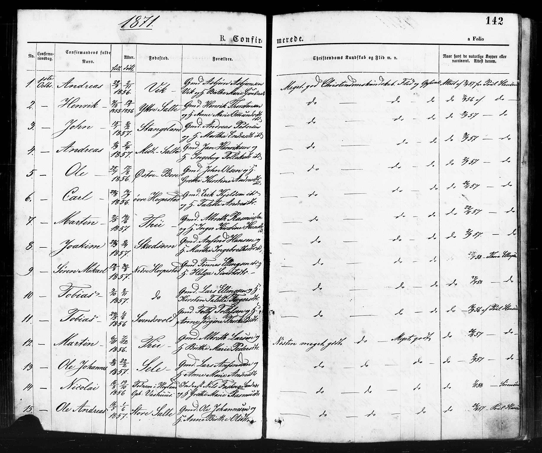 Klepp sokneprestkontor, SAST/A-101803/001/3/30BA/L0006: Parish register (official) no. A 6, 1871-1885, p. 142