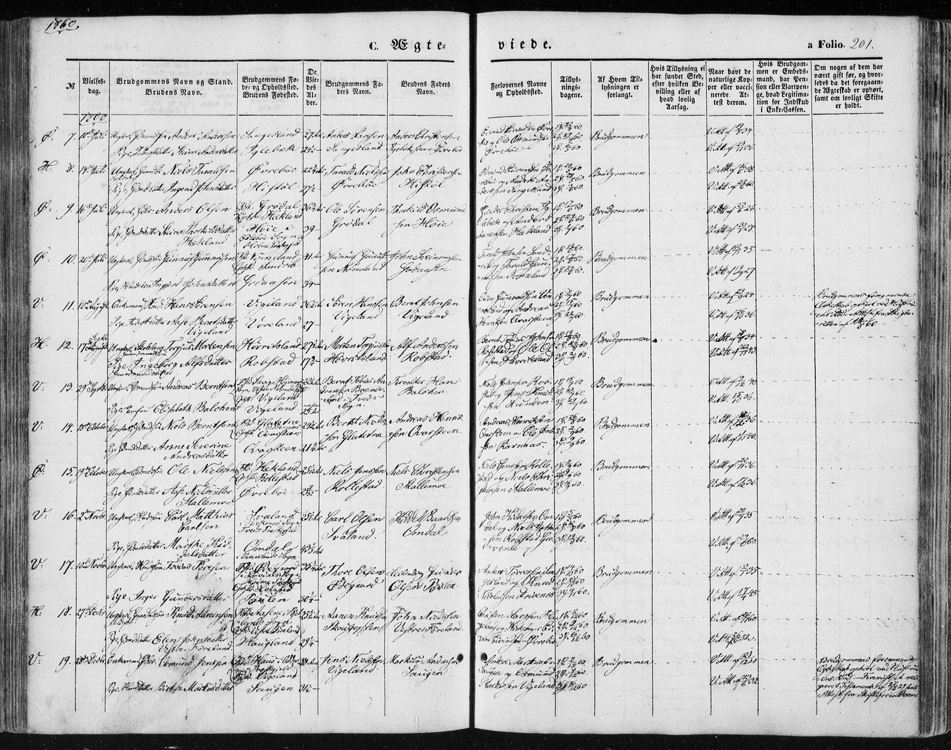 Vennesla sokneprestkontor, AV/SAK-1111-0045/Fa/Fac/L0007: Parish register (official) no. A 7, 1855-1873, p. 201