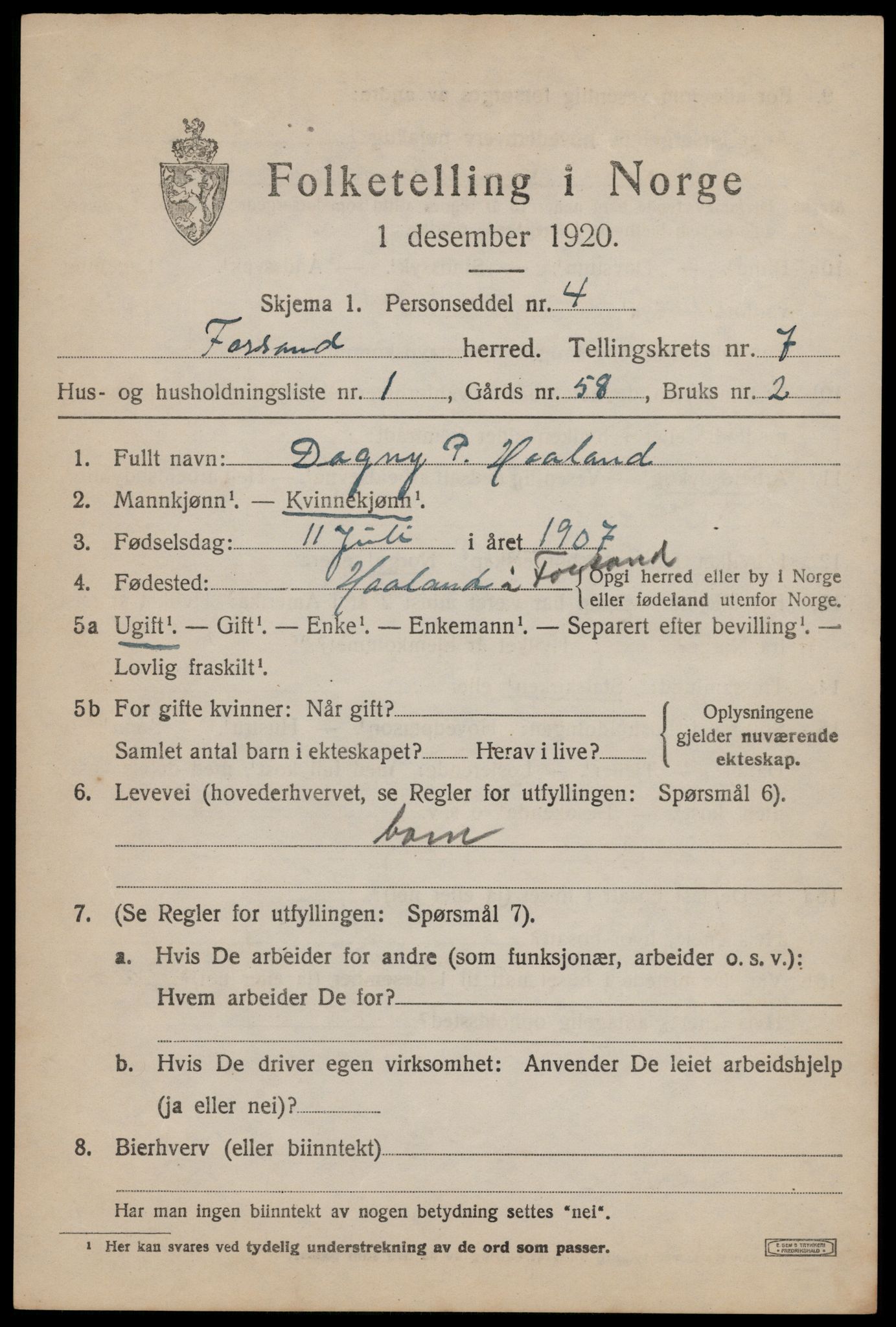 SAST, 1920 census for Forsand, 1920, p. 3419