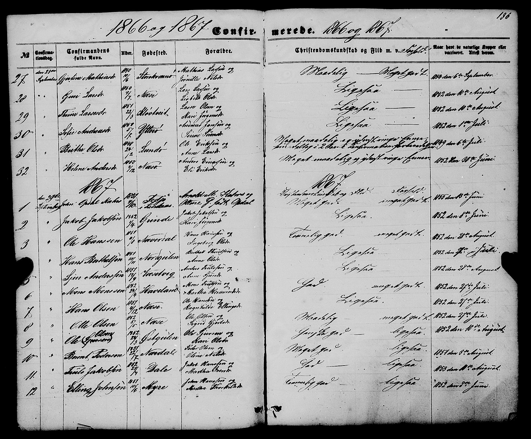 Gulen sokneprestembete, AV/SAB-A-80201/H/Haa/Haaa/L0022: Parish register (official) no. A 22, 1859-1869, p. 136