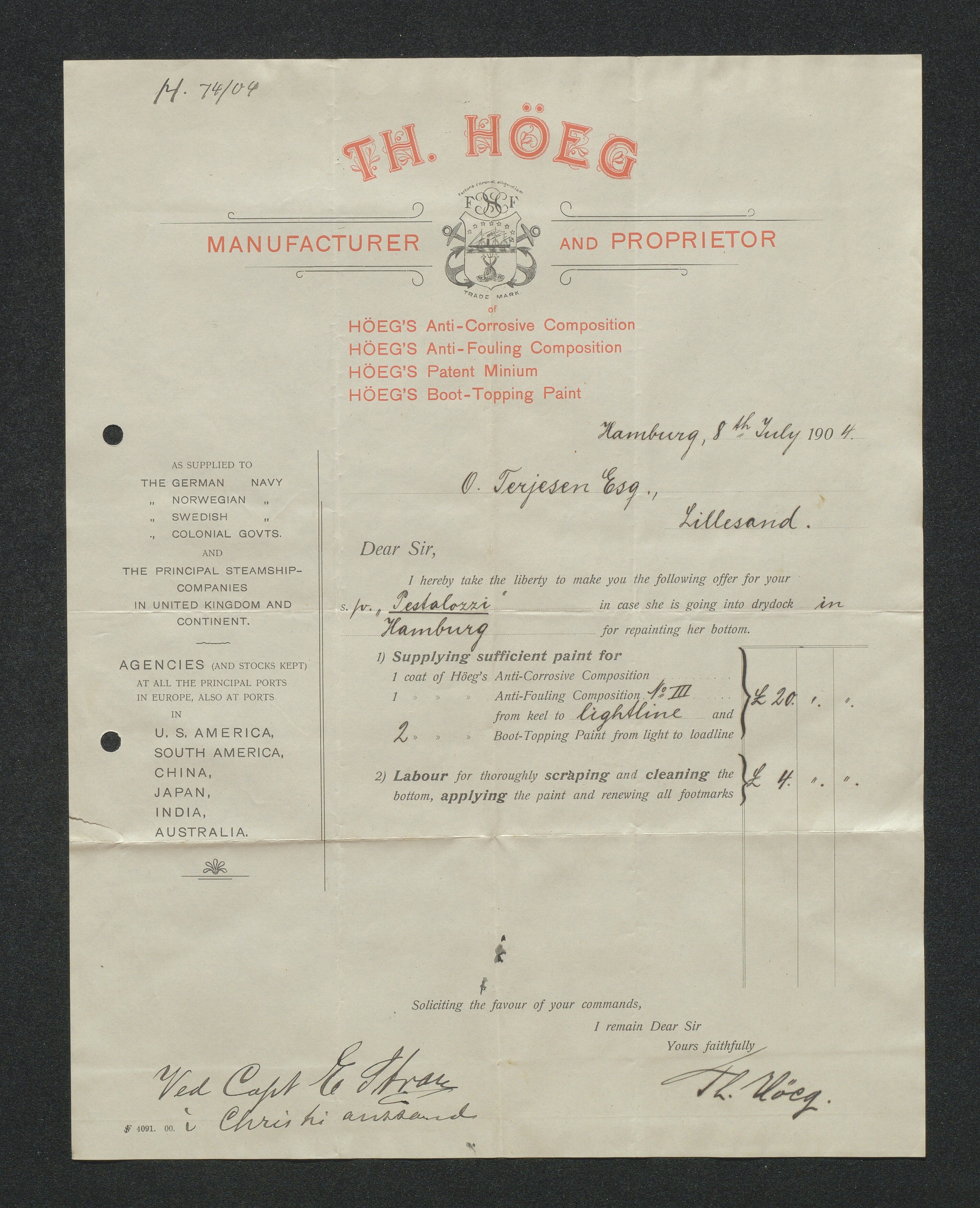 O. Terjesens rederi, AAKS/PA-2525/E/E01/L0013: Korrespondanse, 1904-1905
